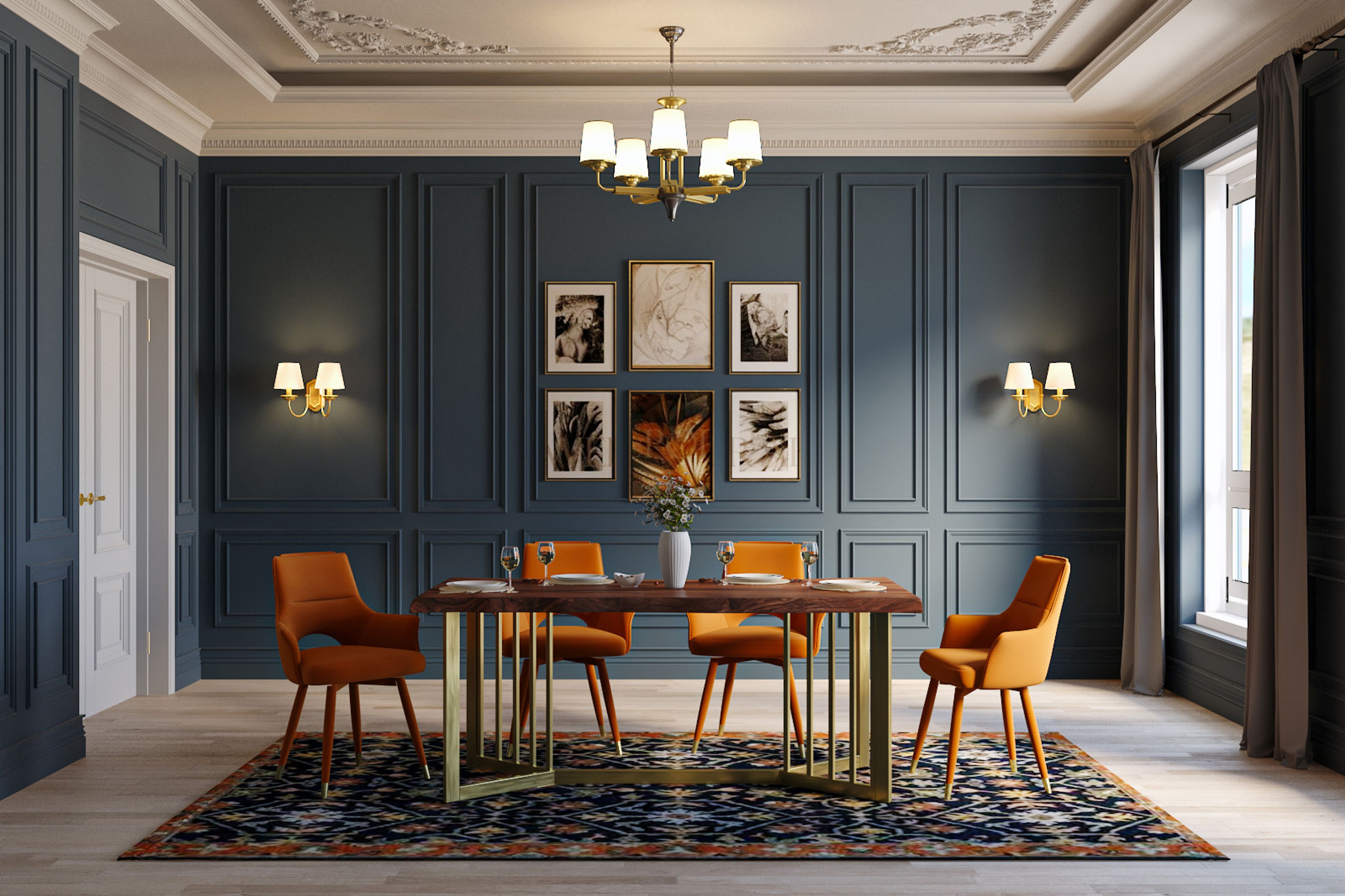 Classic Matte Slate Blue Wall Paint Design with Gold Accents and Moulding