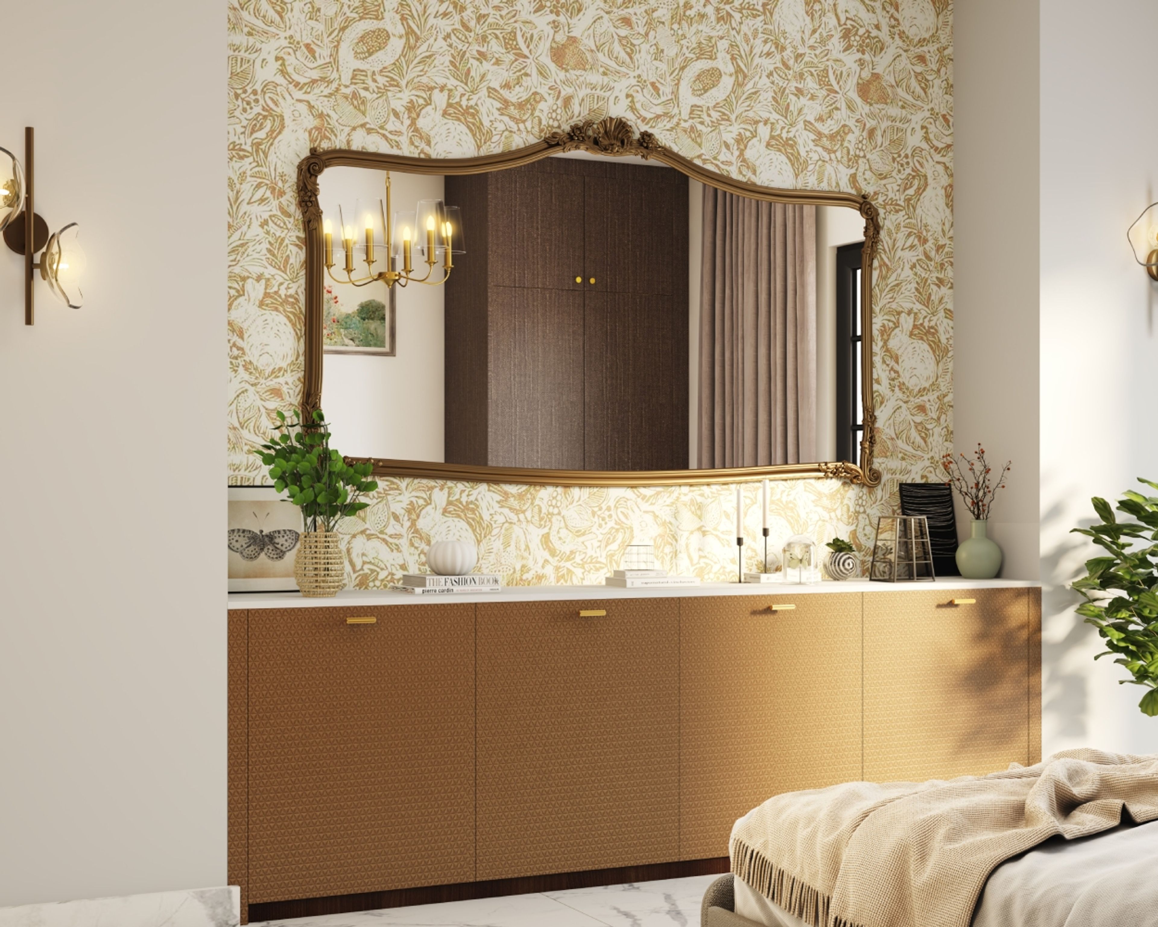 Botanical Print Contemporary Wallpaper Design with Birds and Flowers