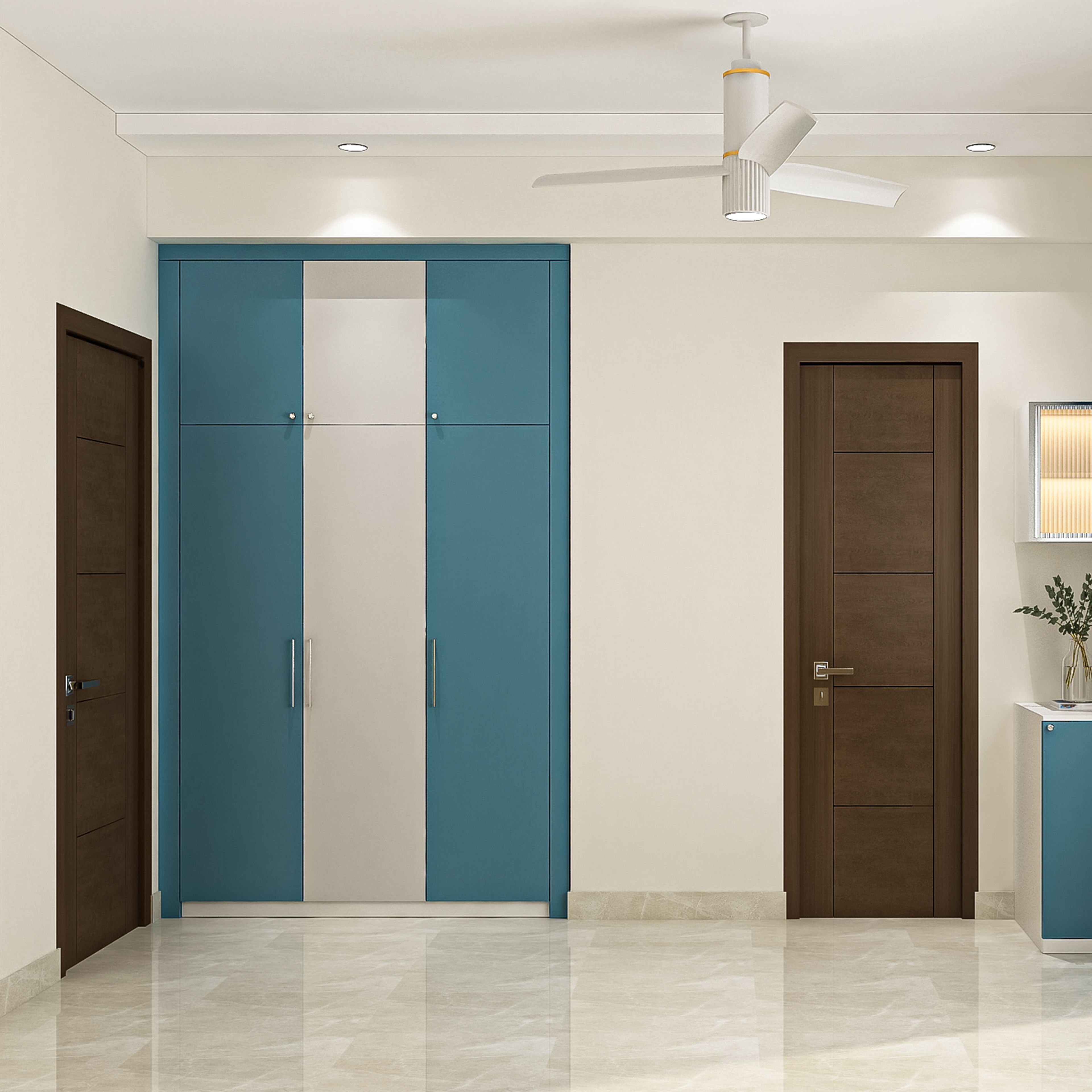 Modern 3-Door Swing Wardrobe Design with Blue and White Panels