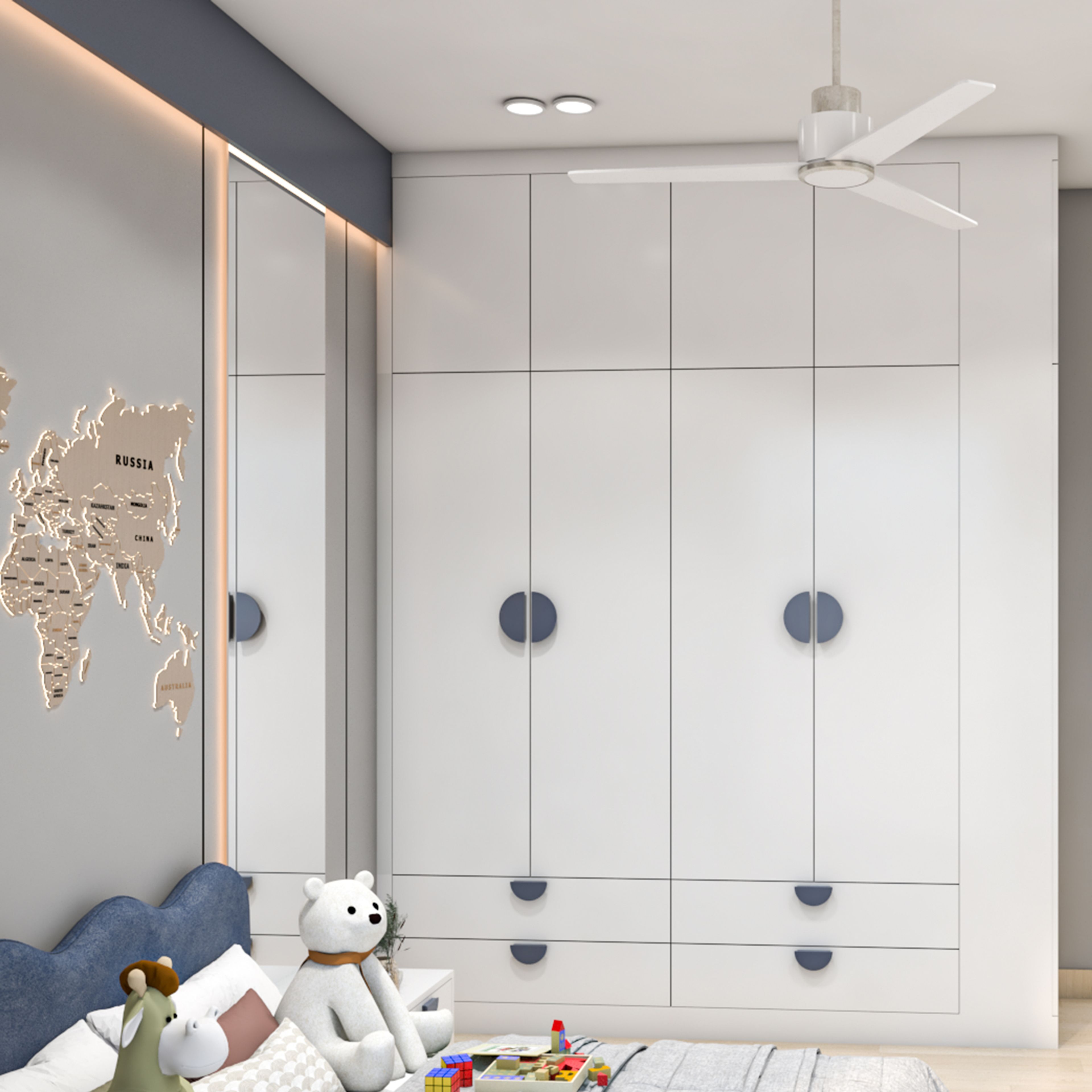 Swing Wardrobe Design with White Panels and Blue Handles