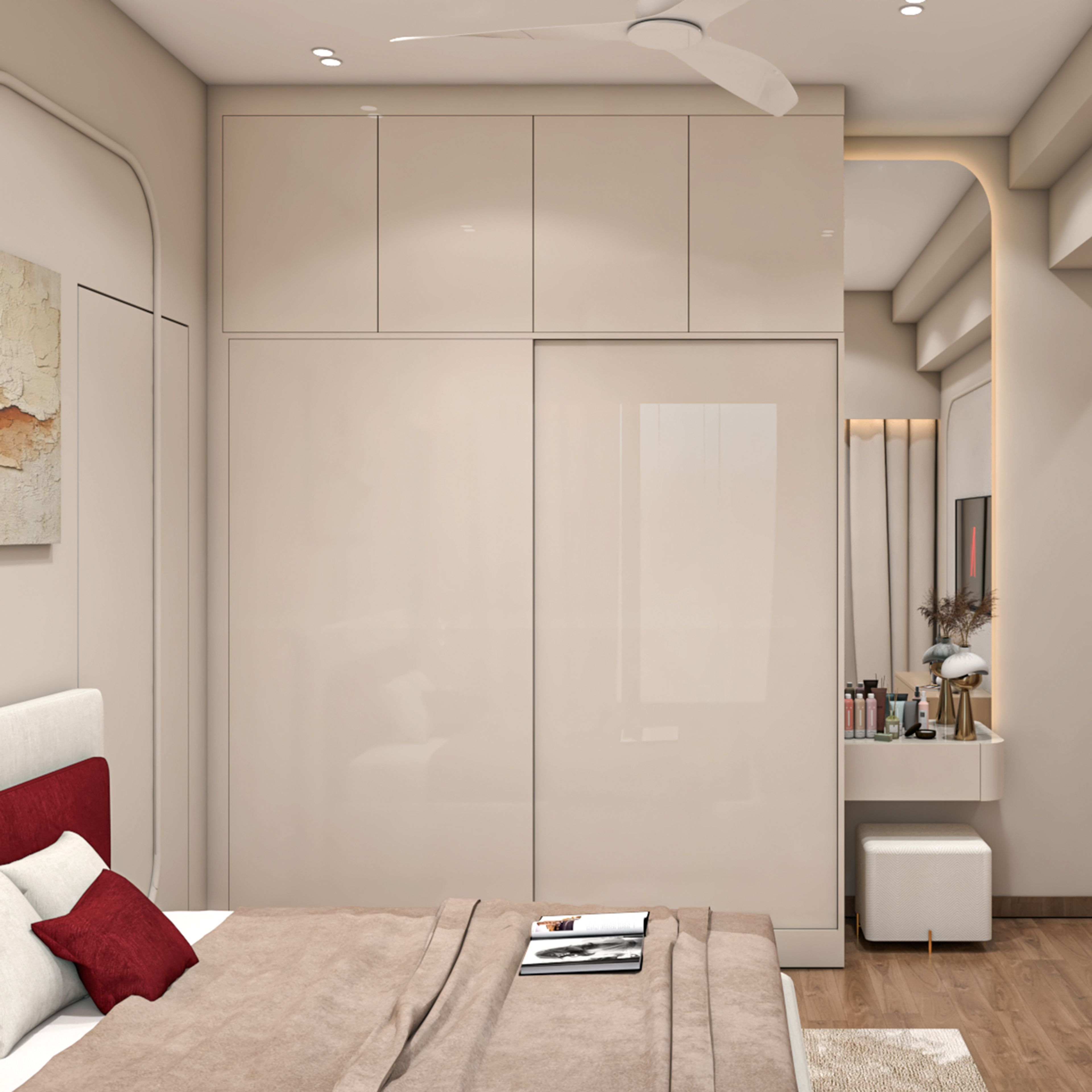 Modern Wardrobe Design with Glossy Champagne Sliding Doors and Overhead Cabinets
