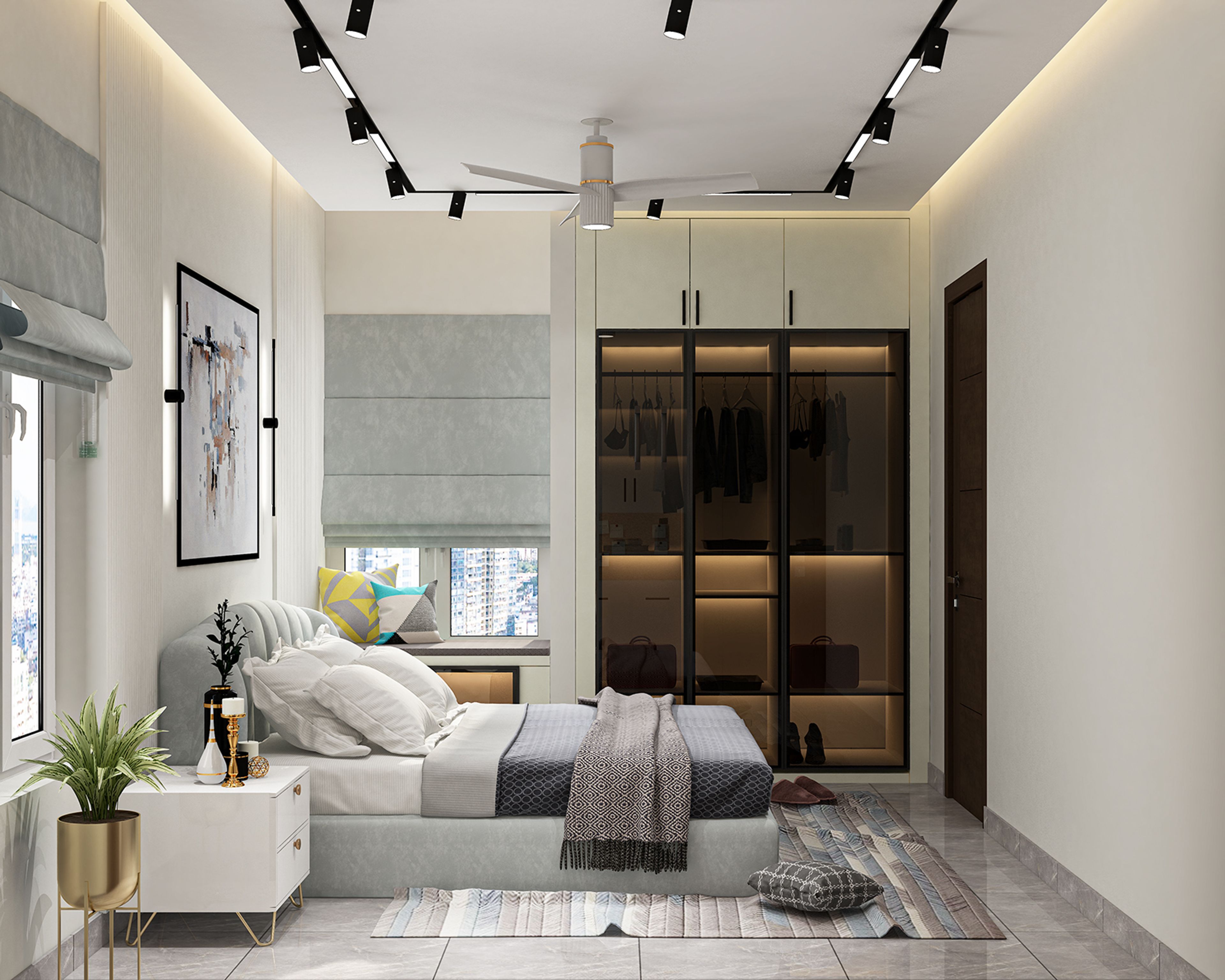 Swing Wardrobe Design with Tinted Glass Doors and Cream Upper Cabinets