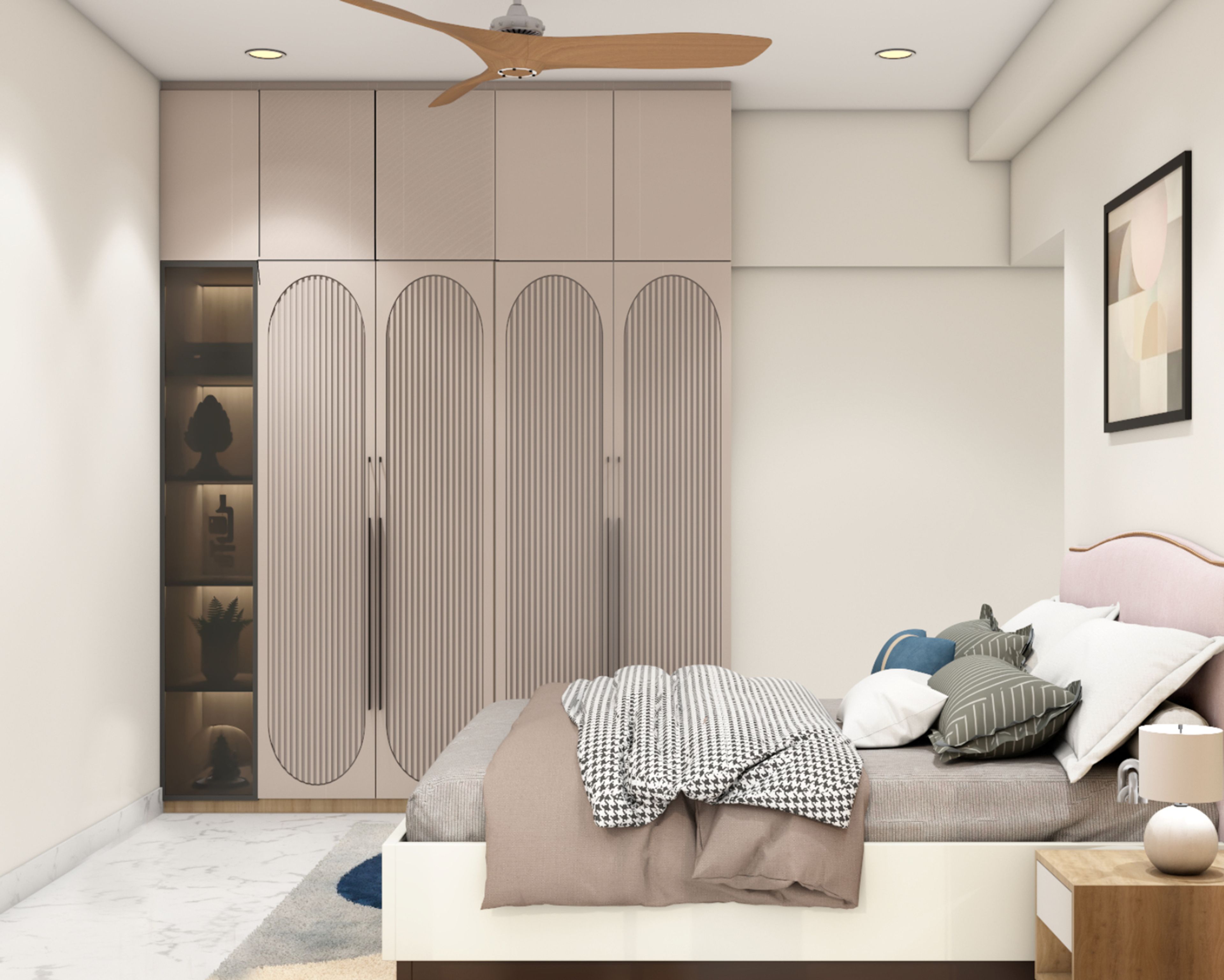 Contemporary Swing Wardrobe Design with Arched Fluted Panels and Glass Display Cabinet