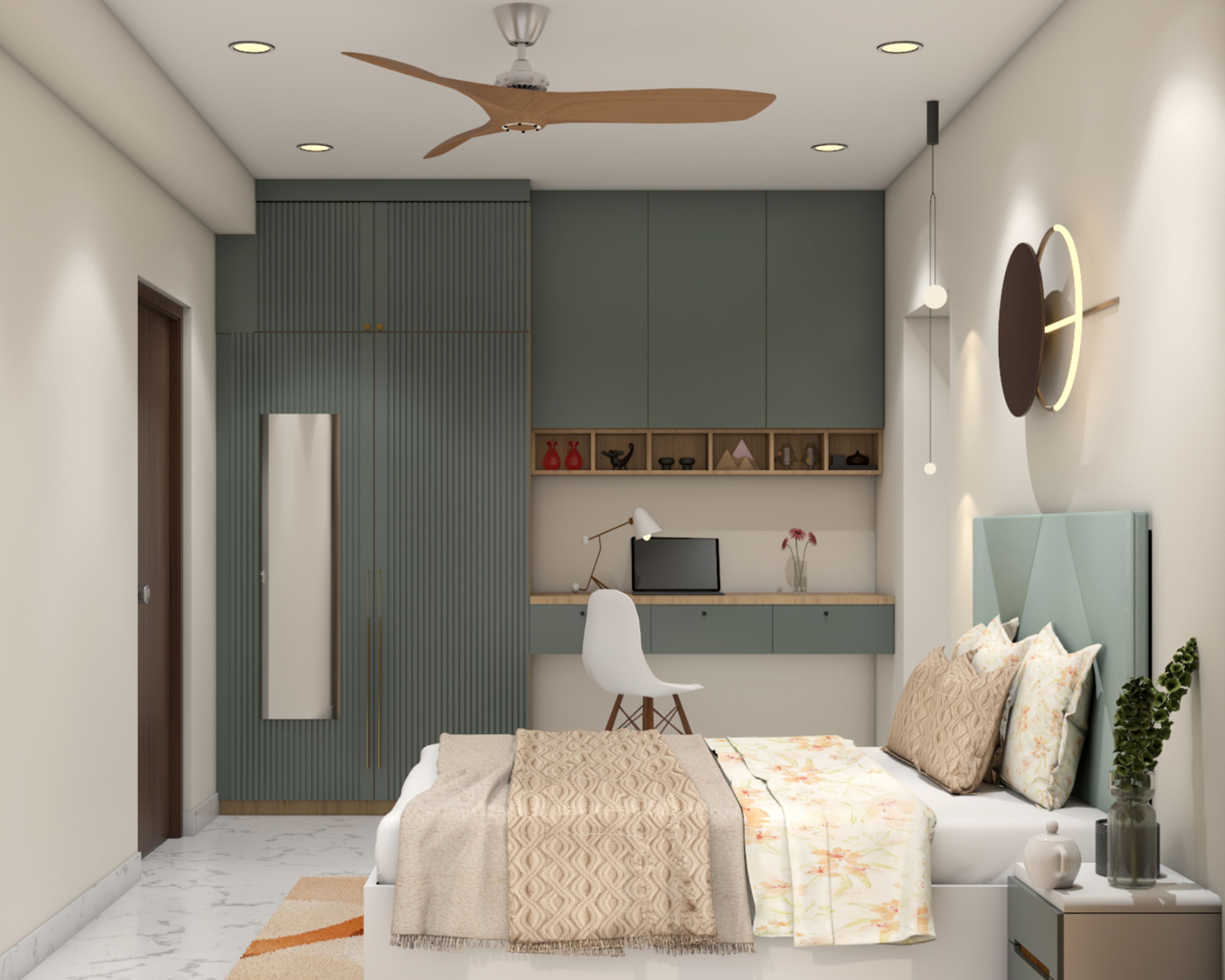 Contemporary Swing Wardrobe Design with Sage Green Mirror and Ribbed Panels