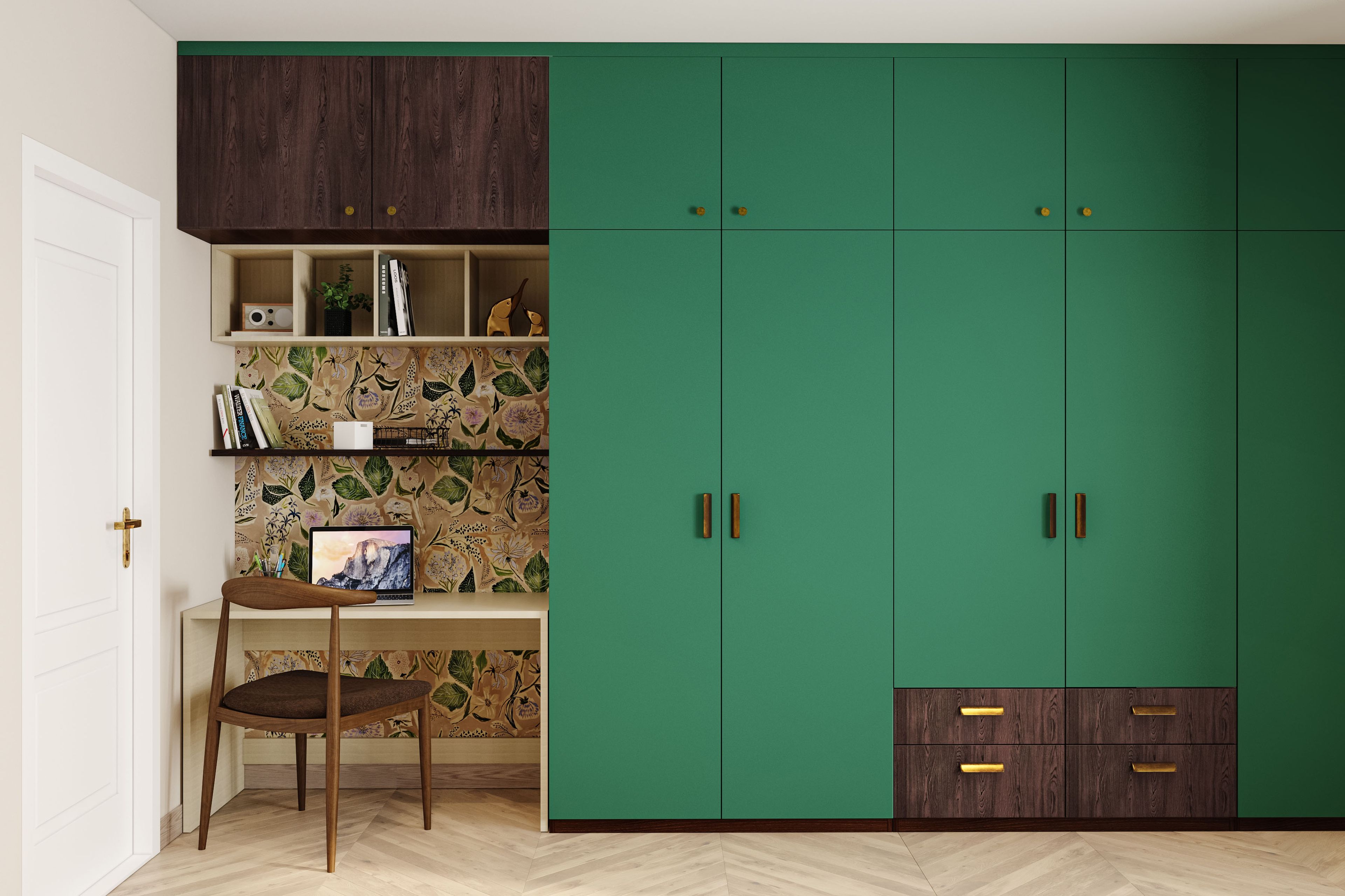 Contemporary 5-Door Swing Wardrobe Design in Caribe and Tawny Balsam