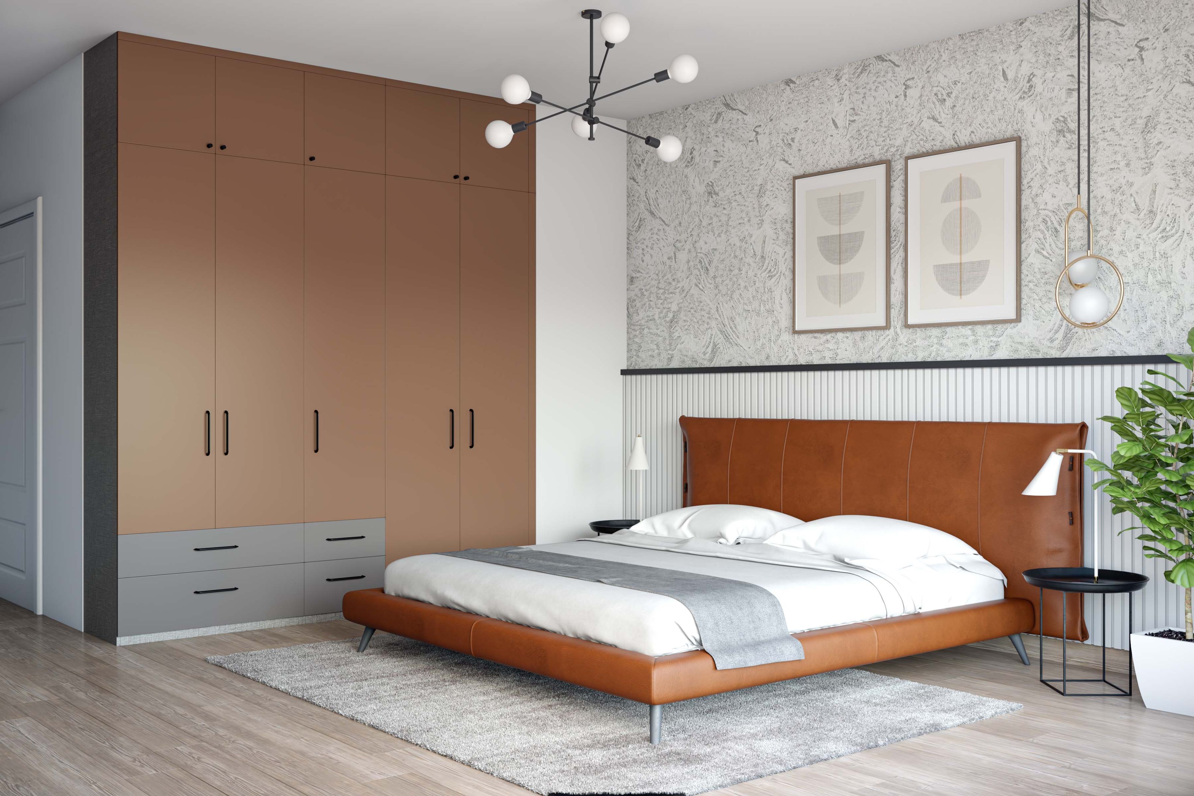 Modern 5-Door Swing Wardrobe Design in Tan and Dove Grey