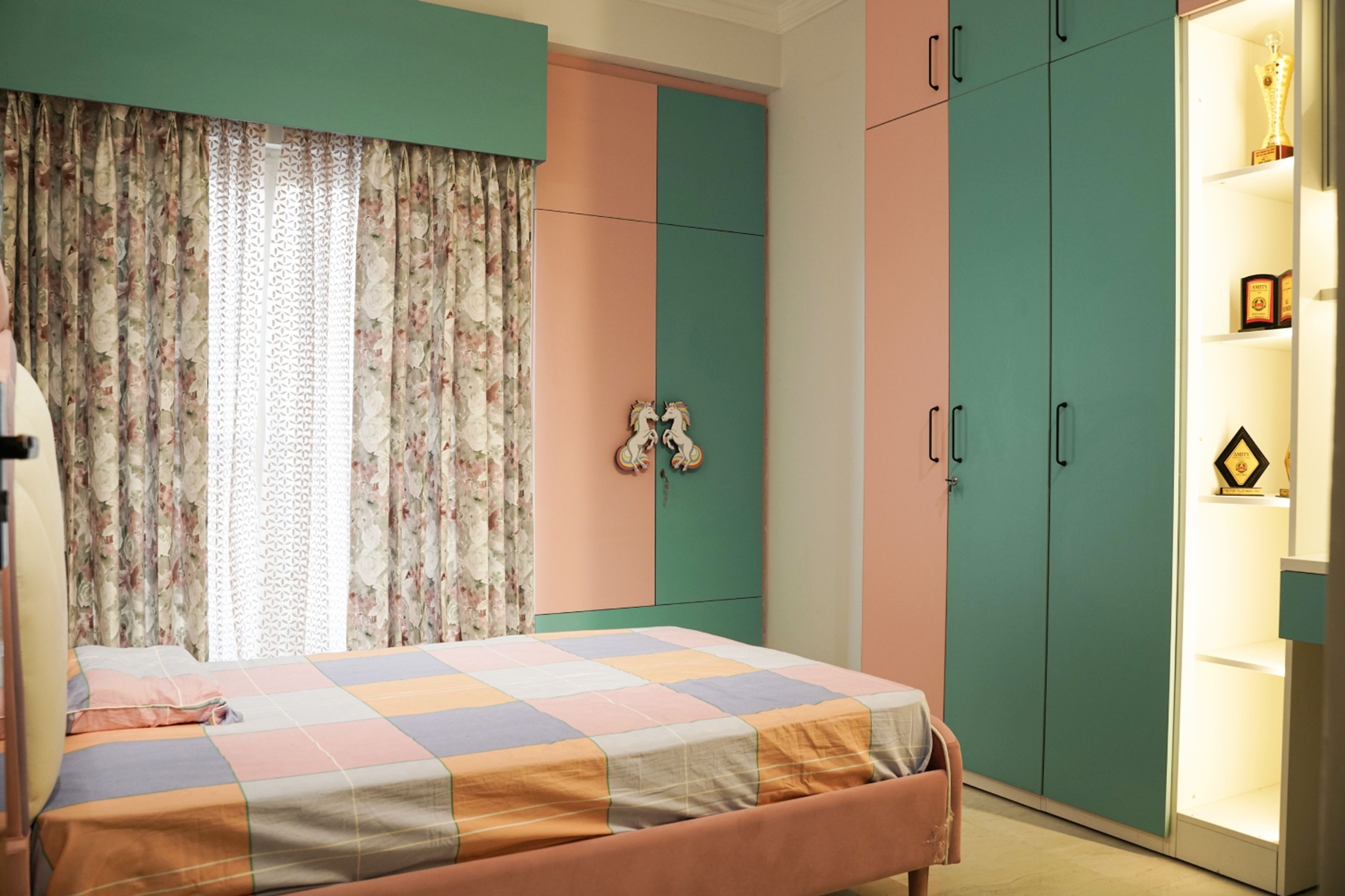 6-Door Contemporary Swing Wardrobe Design with Suede Finish Laminate Shutters