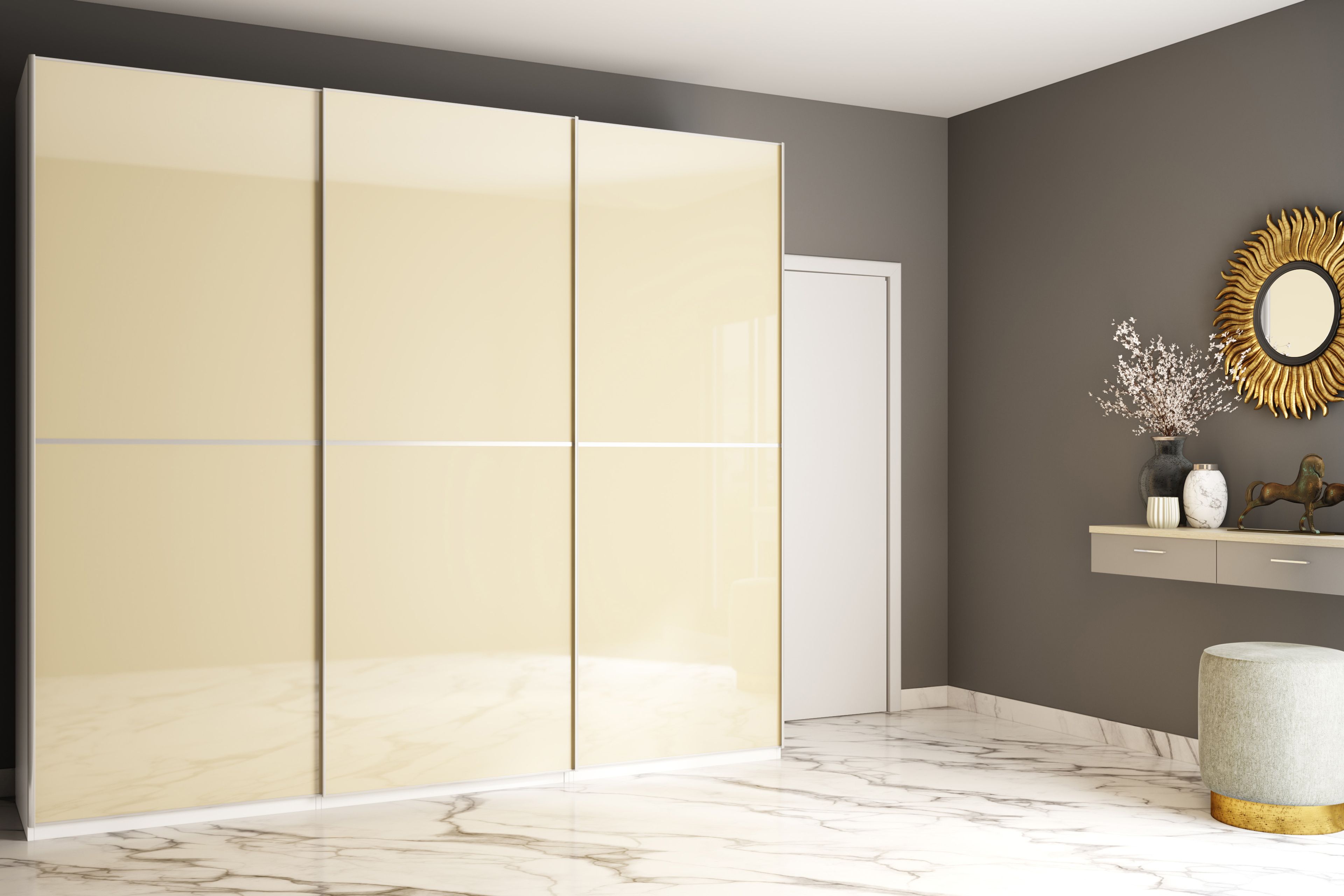 3-Door Champagne Sliding Wardrobe Design in High Gloss Finish