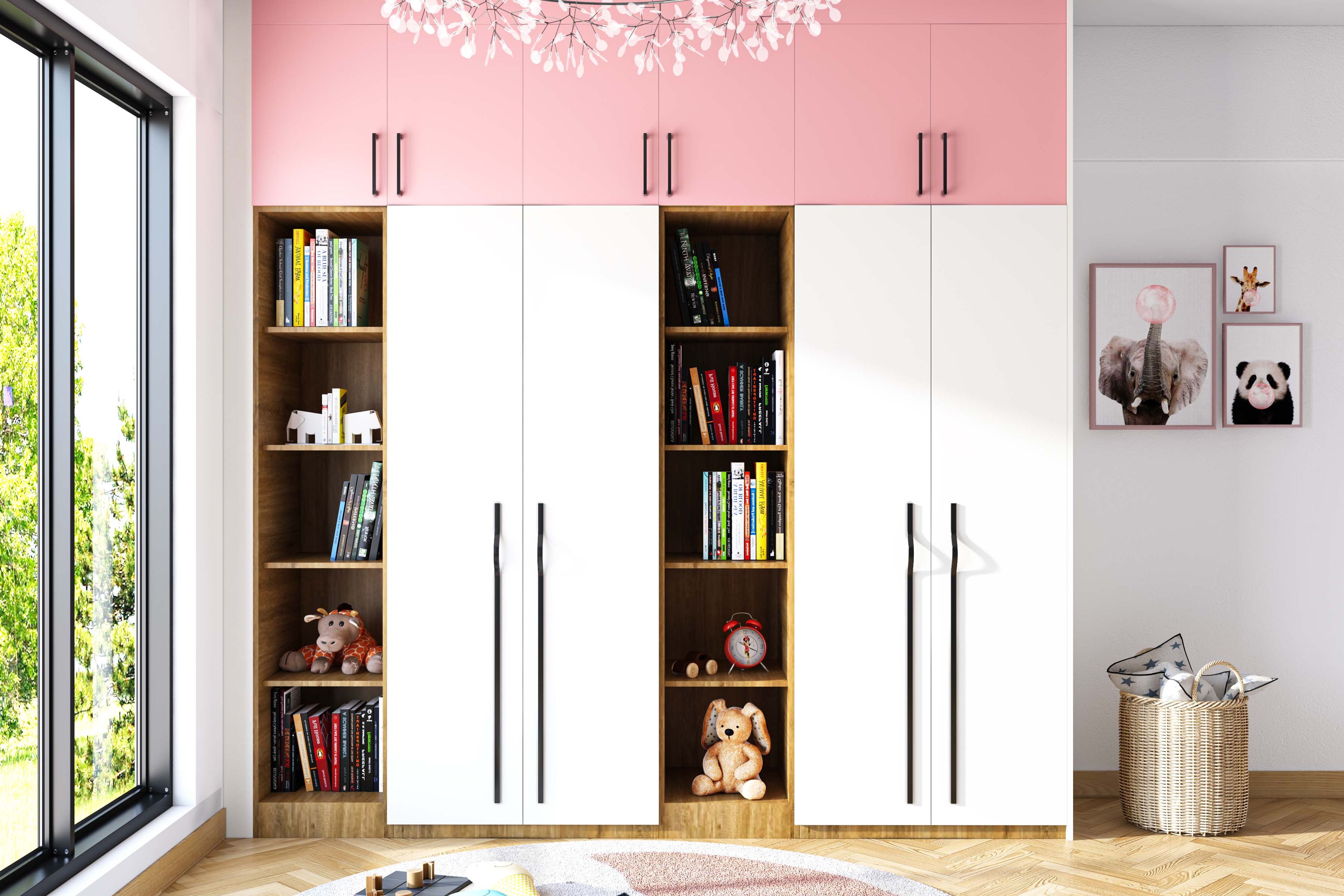 4-Door Swing Wardrobe Design with Rose, White and Walnut Finishes