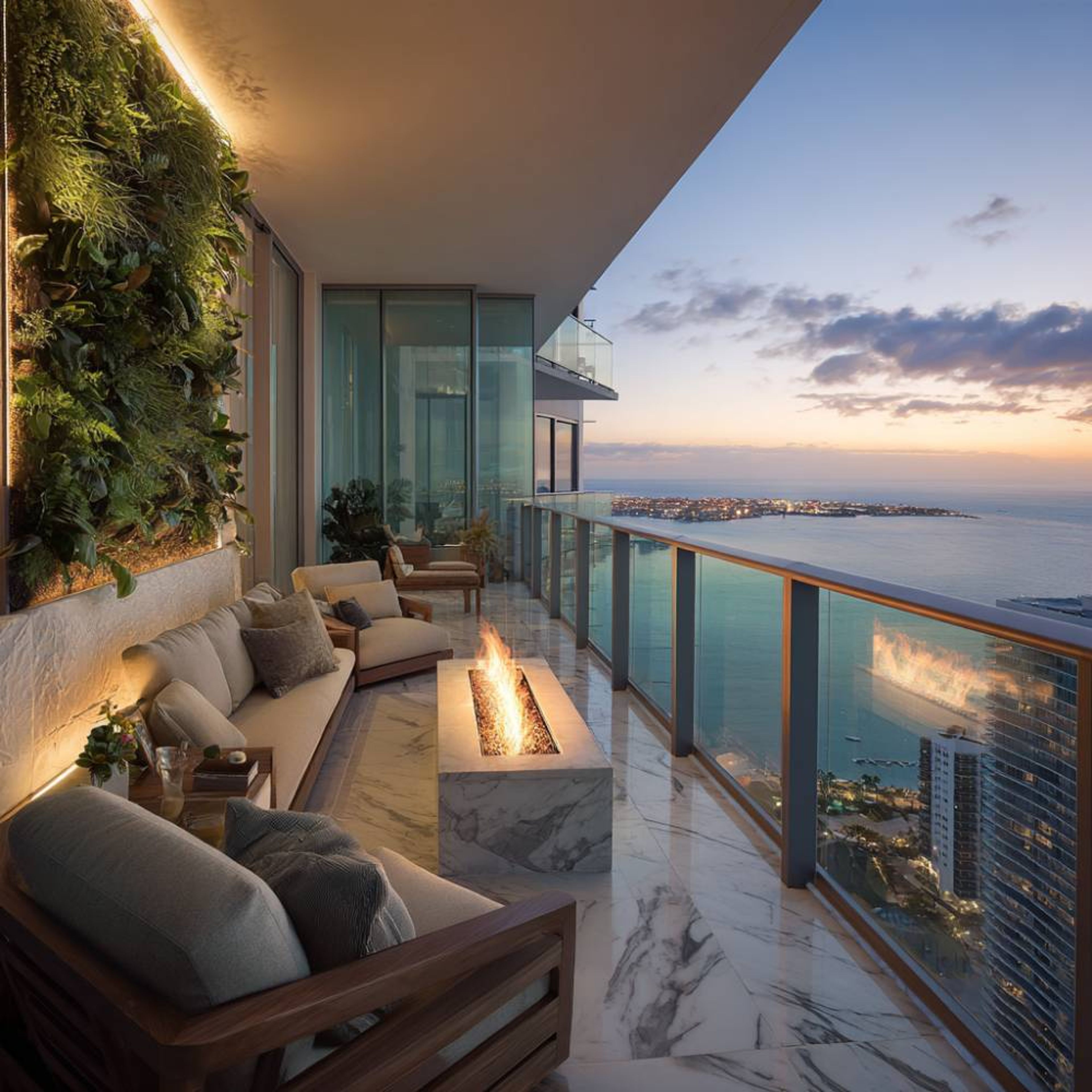 Balcony with marble flooring, firepit, glass railing, and a lush green wall
