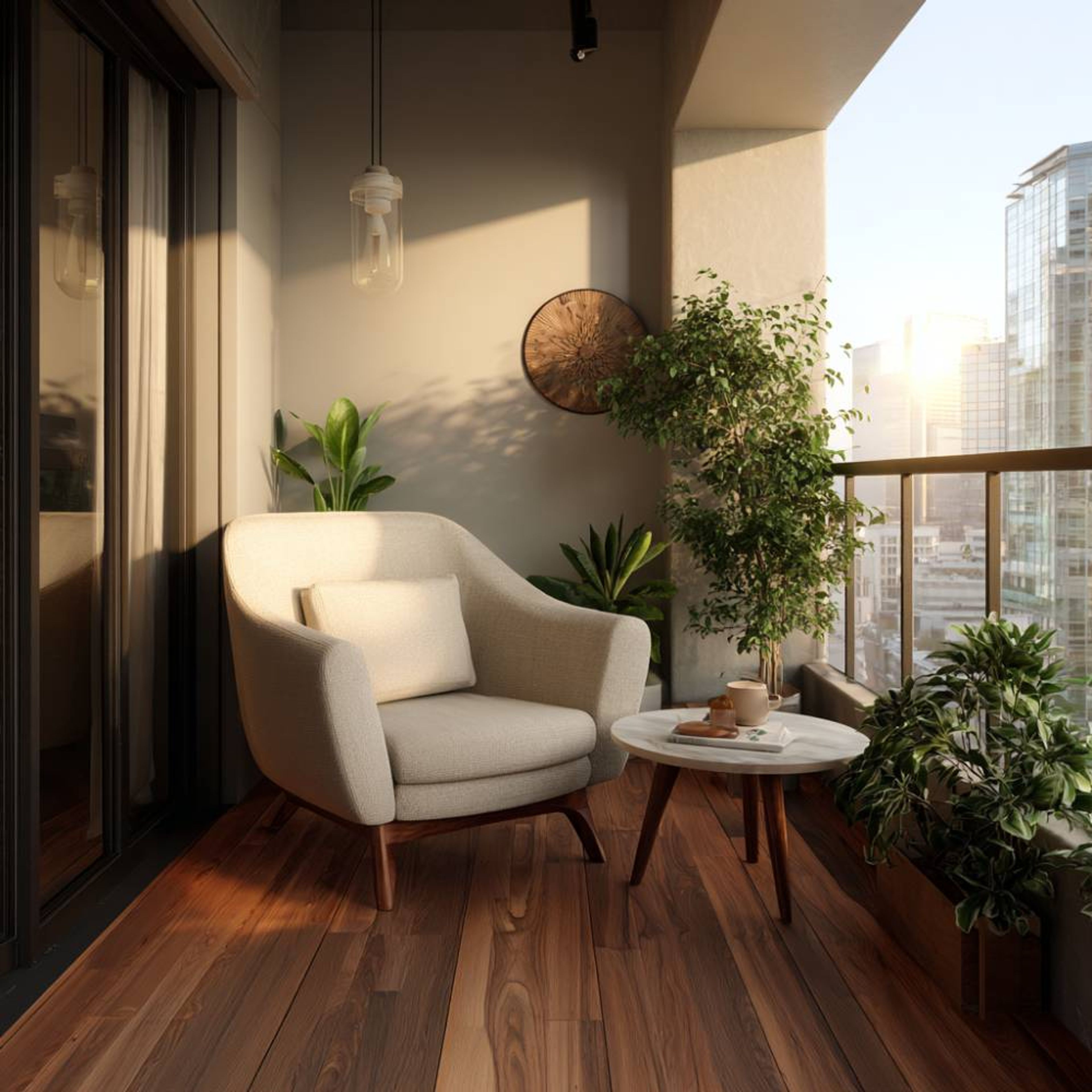 Modern Texture Paint Balcony Design with Wood Slat Wall and Hanging Chair