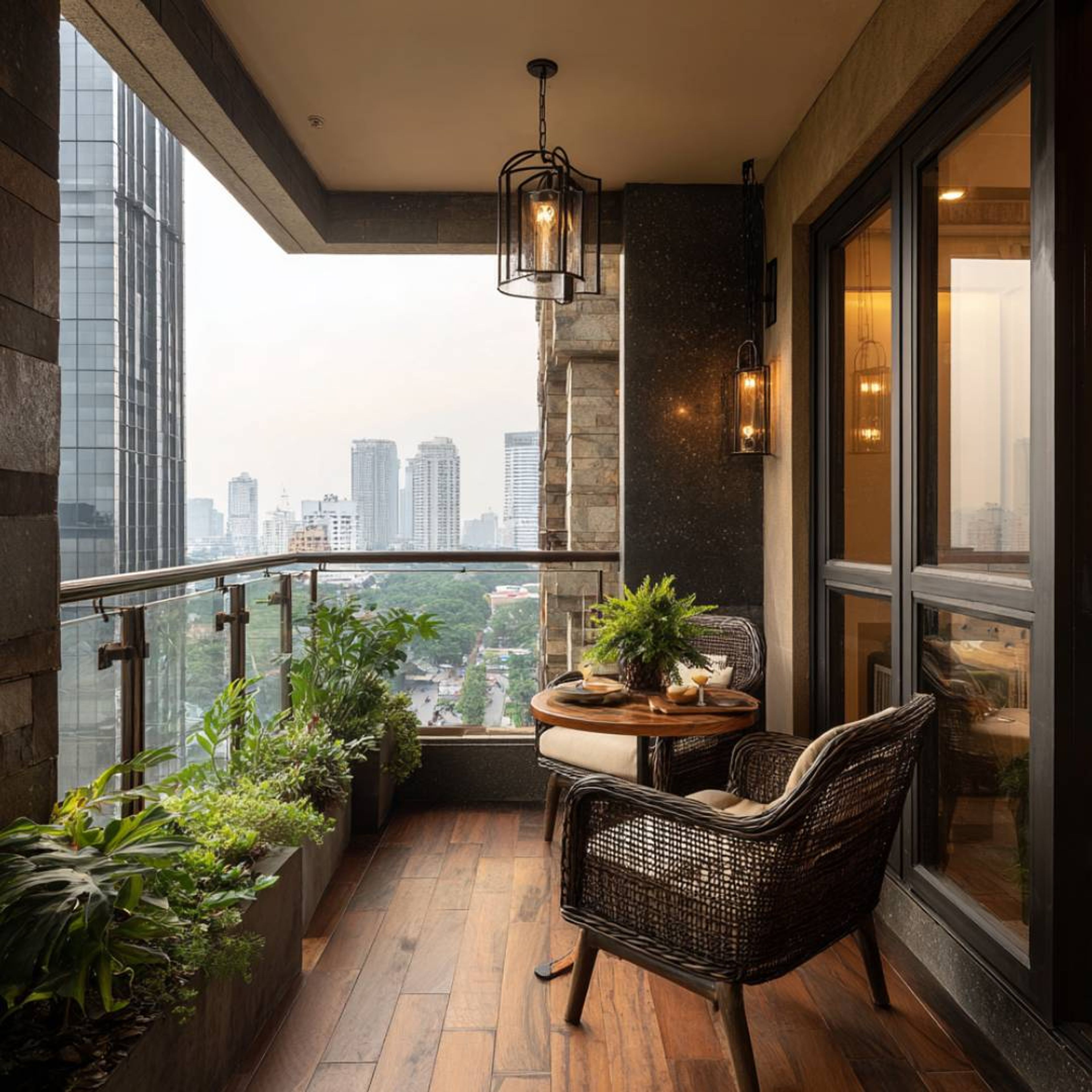 Balcony Design With Bistro Seating and Stone-Clad Wall