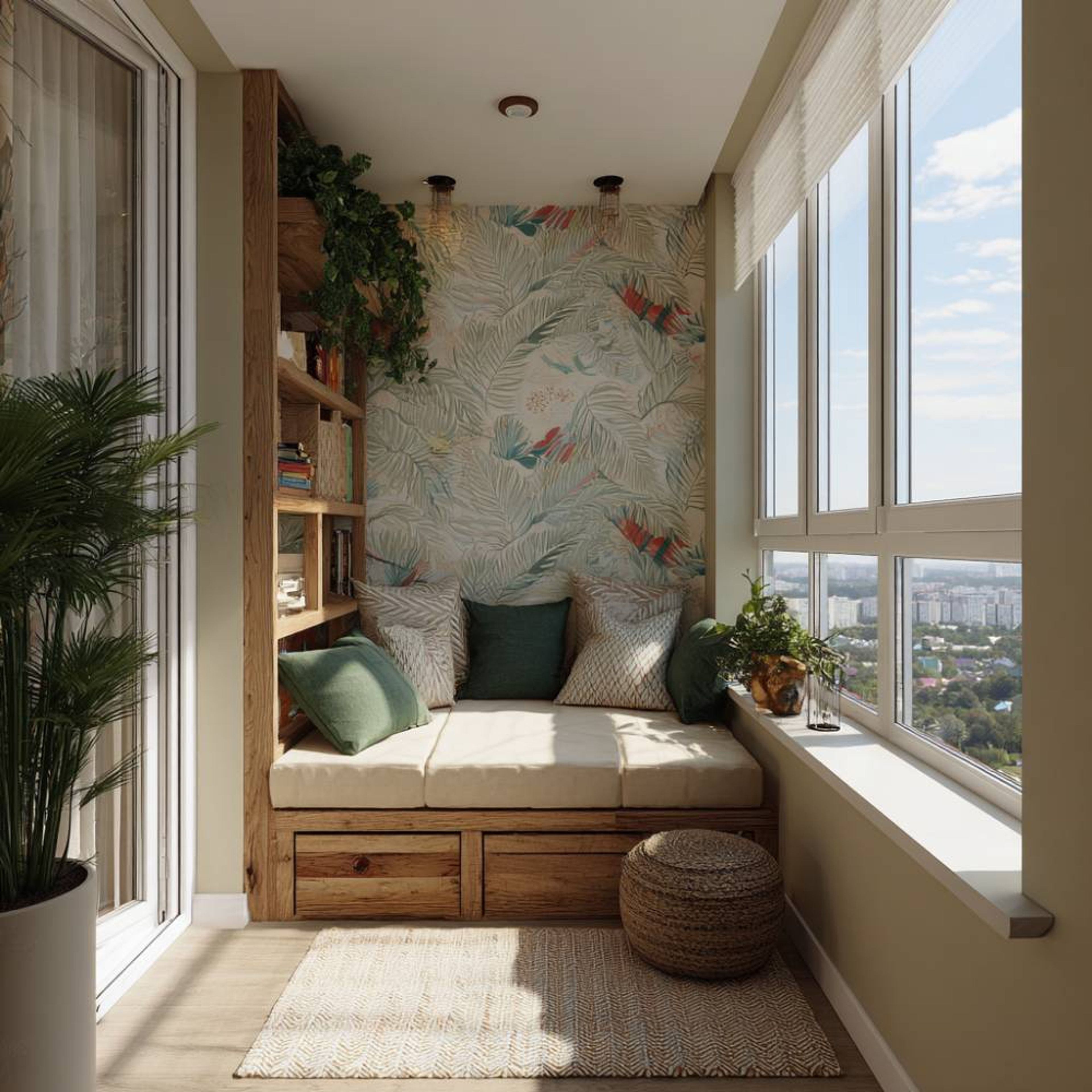 Balcony Design with Wood Panelling, Wallpaper and Built-In Storage