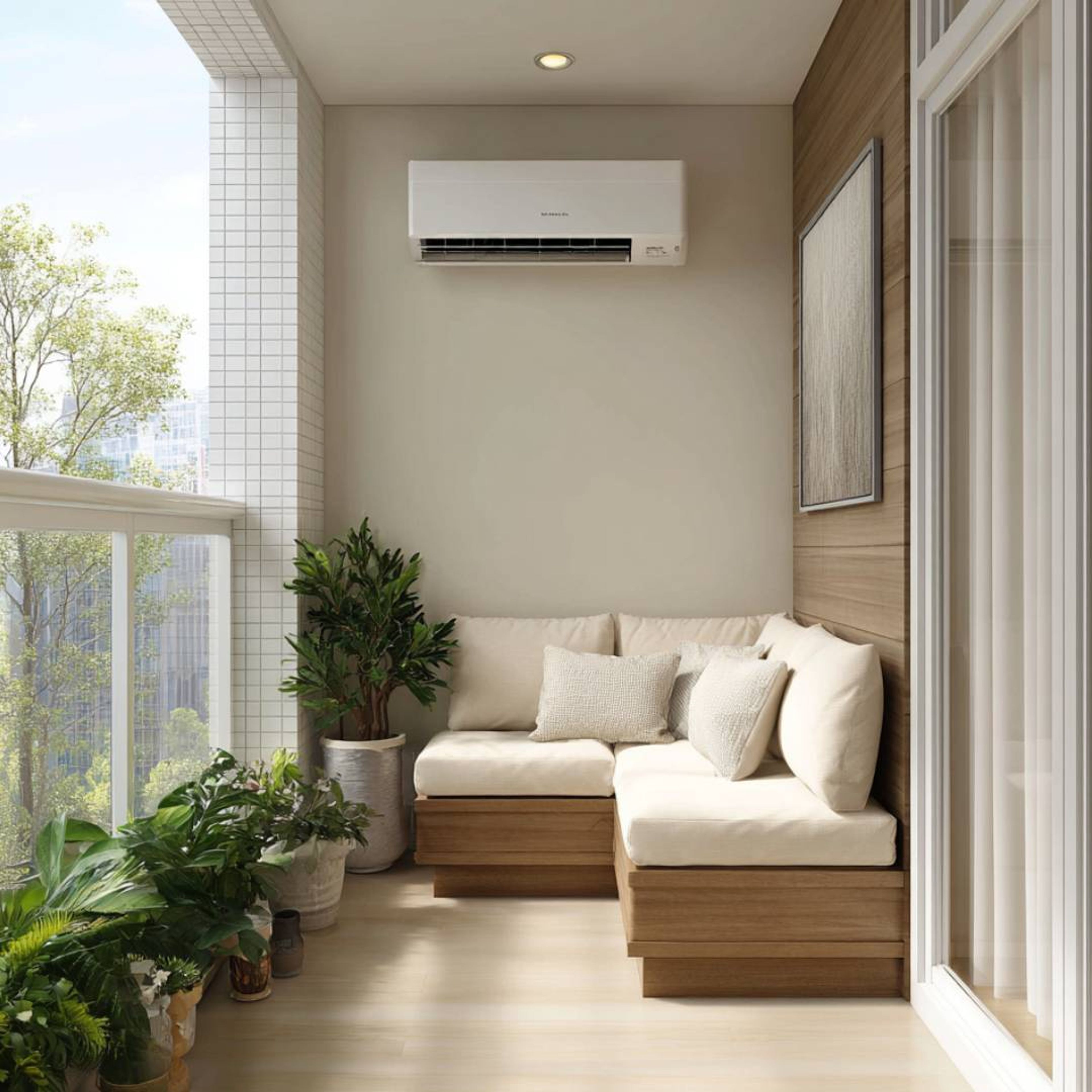 Balcony Design With Wooden Bench and Cream Walls