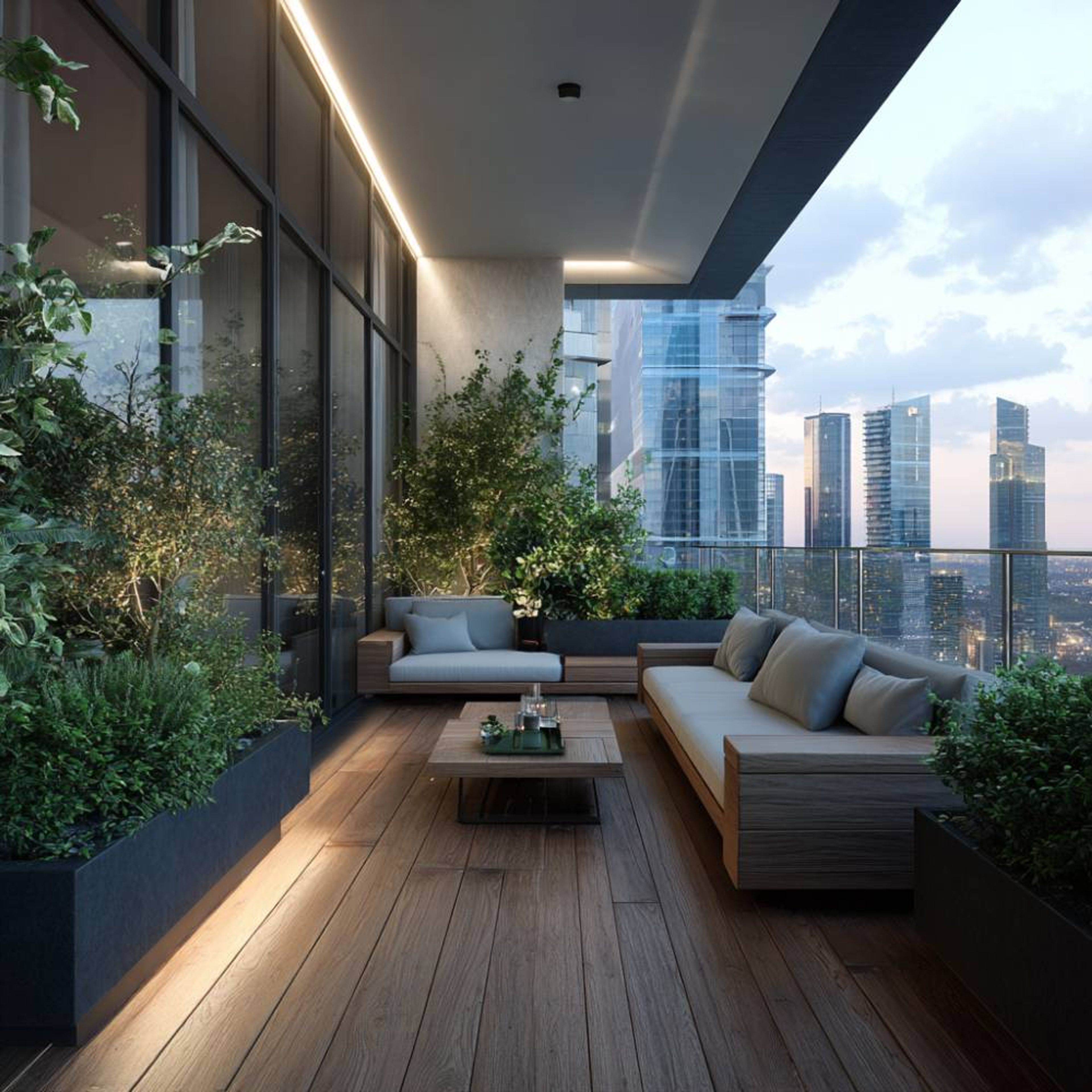 High-rise balcony with wooden flooring, lush greenery, and sleek glass walls