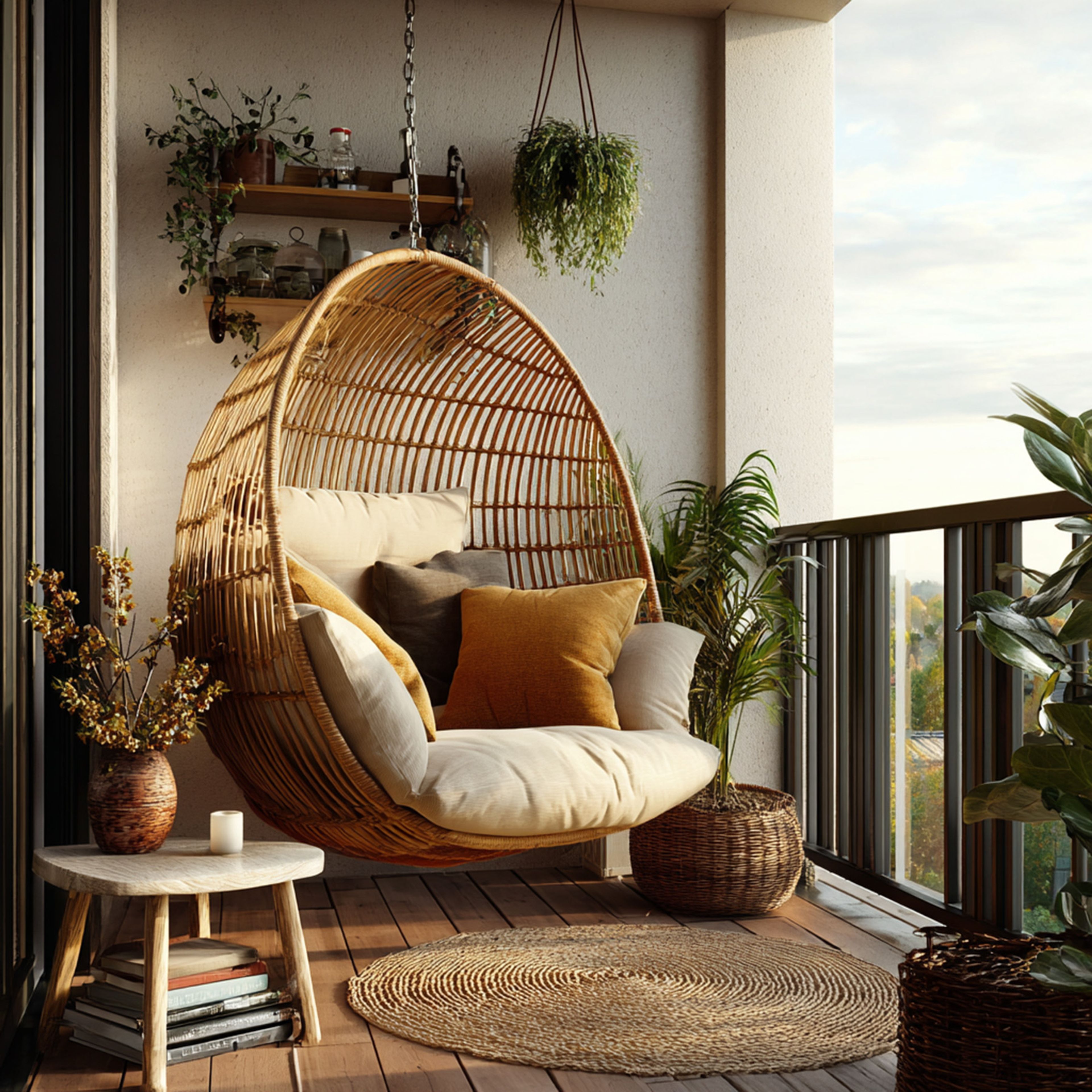 Balcony Design With Egg Swing and Green Vertical Garden