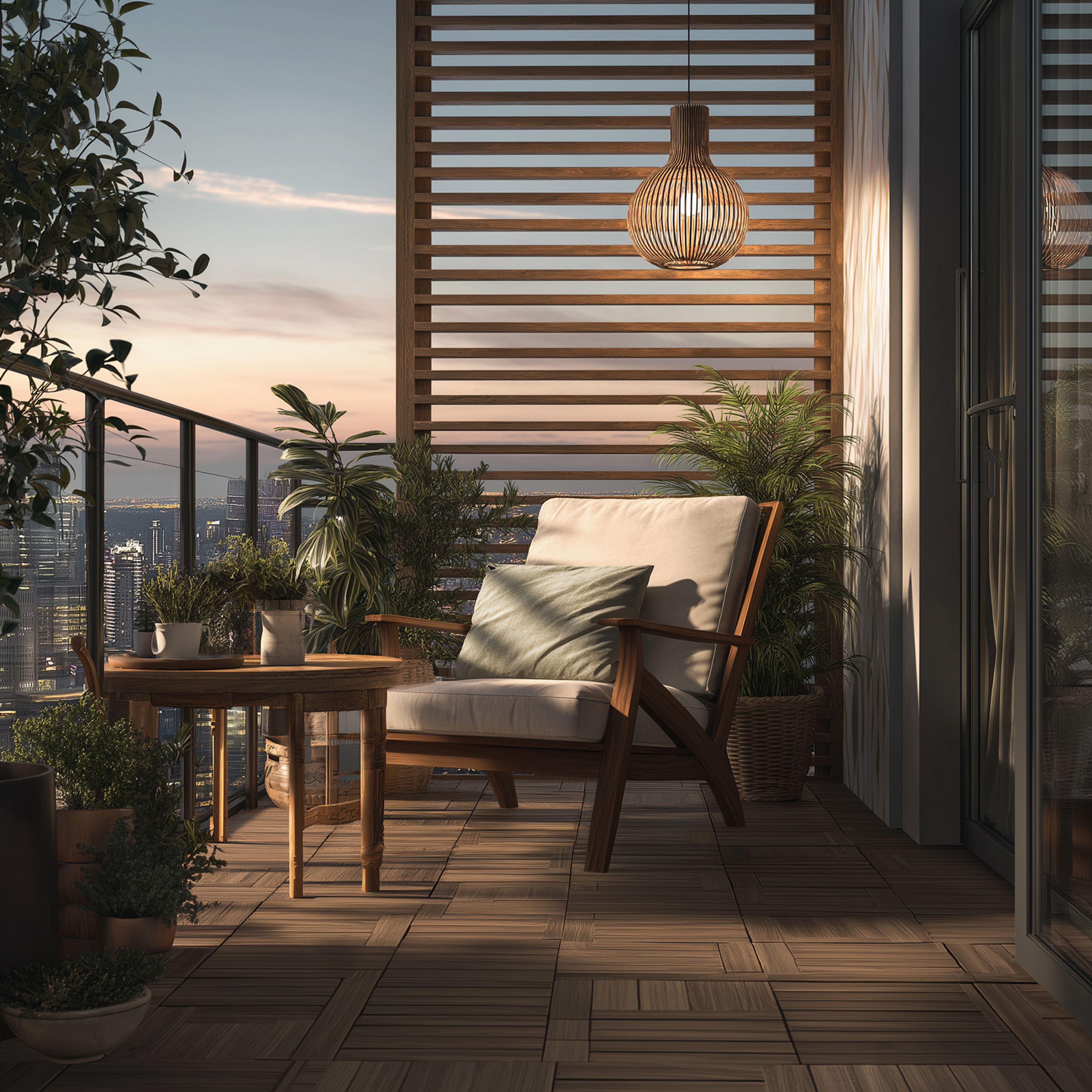 Balcony Design With Wooden Slatted Wall and Lounge Chair