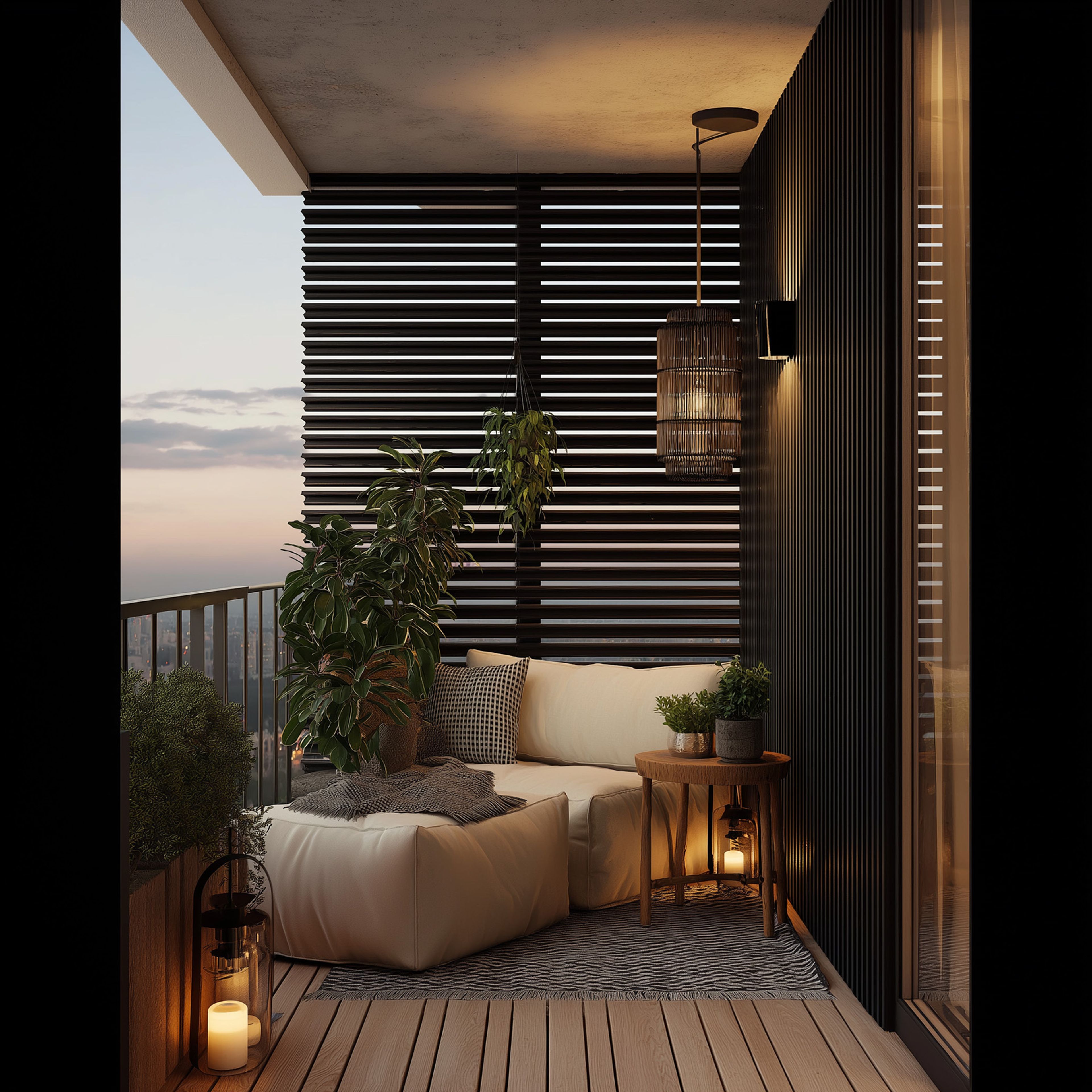 Balcony Design With Neutral Cushions and Dark Wooden Slats