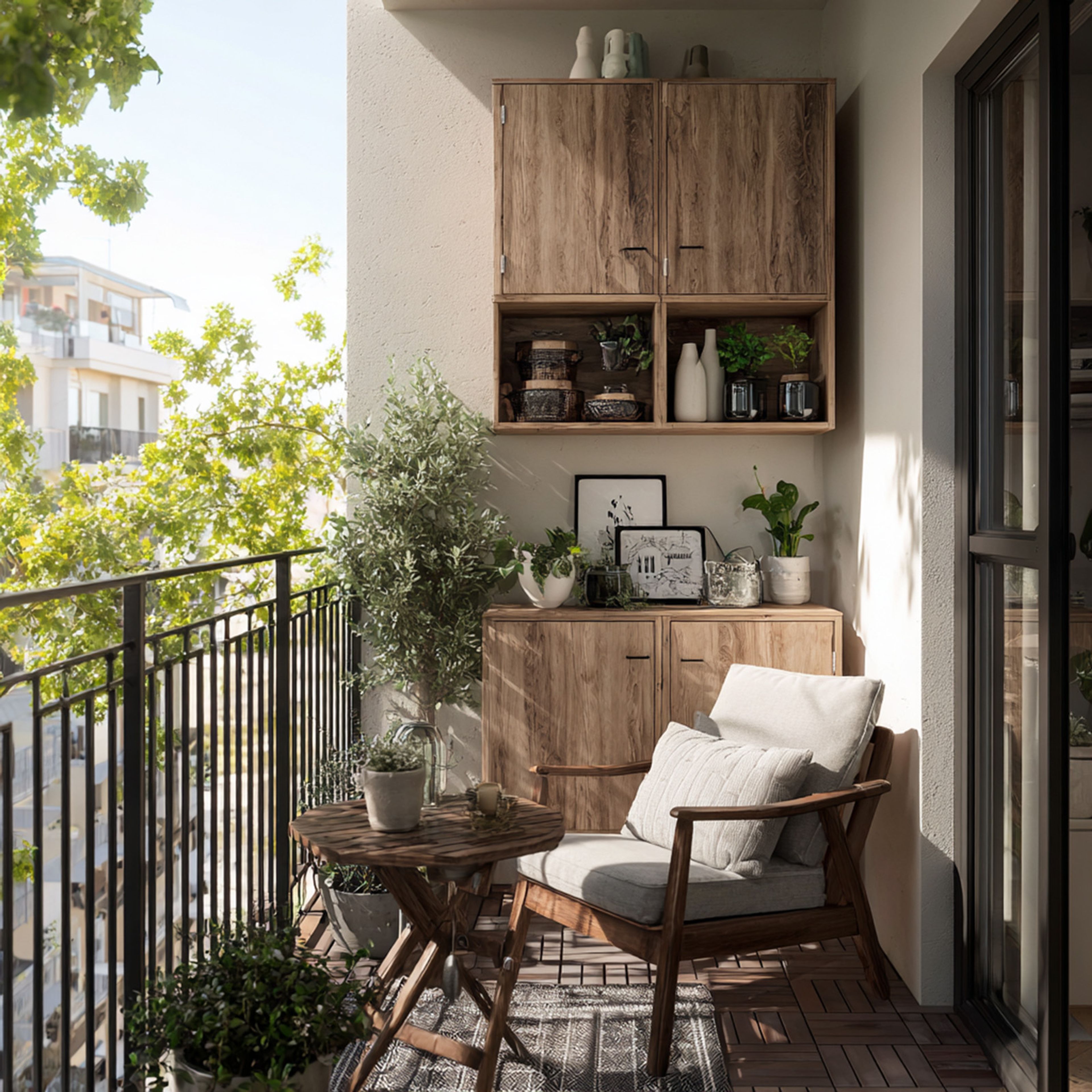Balcony Design With Built-In Wooden Storage Cabinet and Neutral Cushions