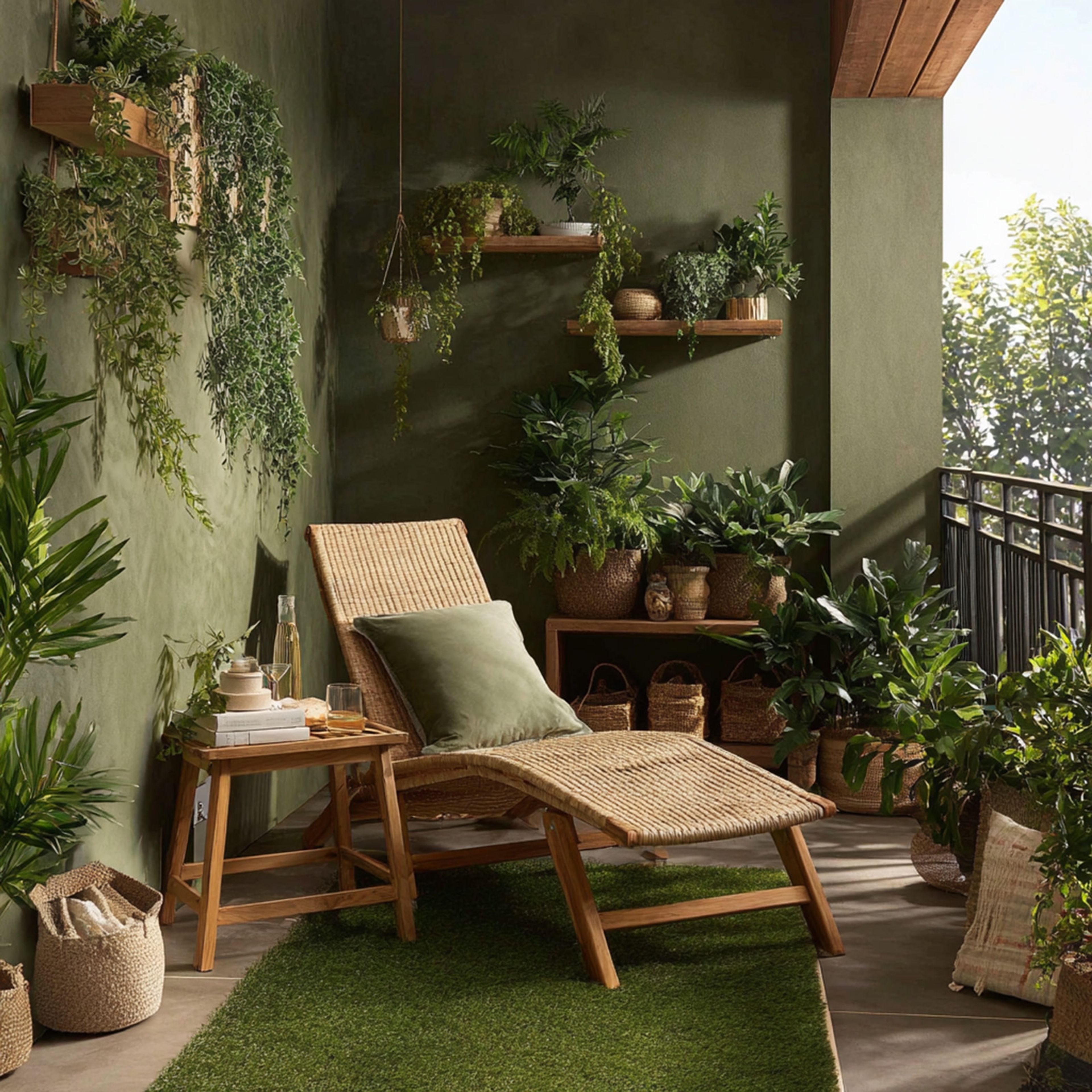 Balcony Design With Olive Green Walls and Wooden Floating Shelves