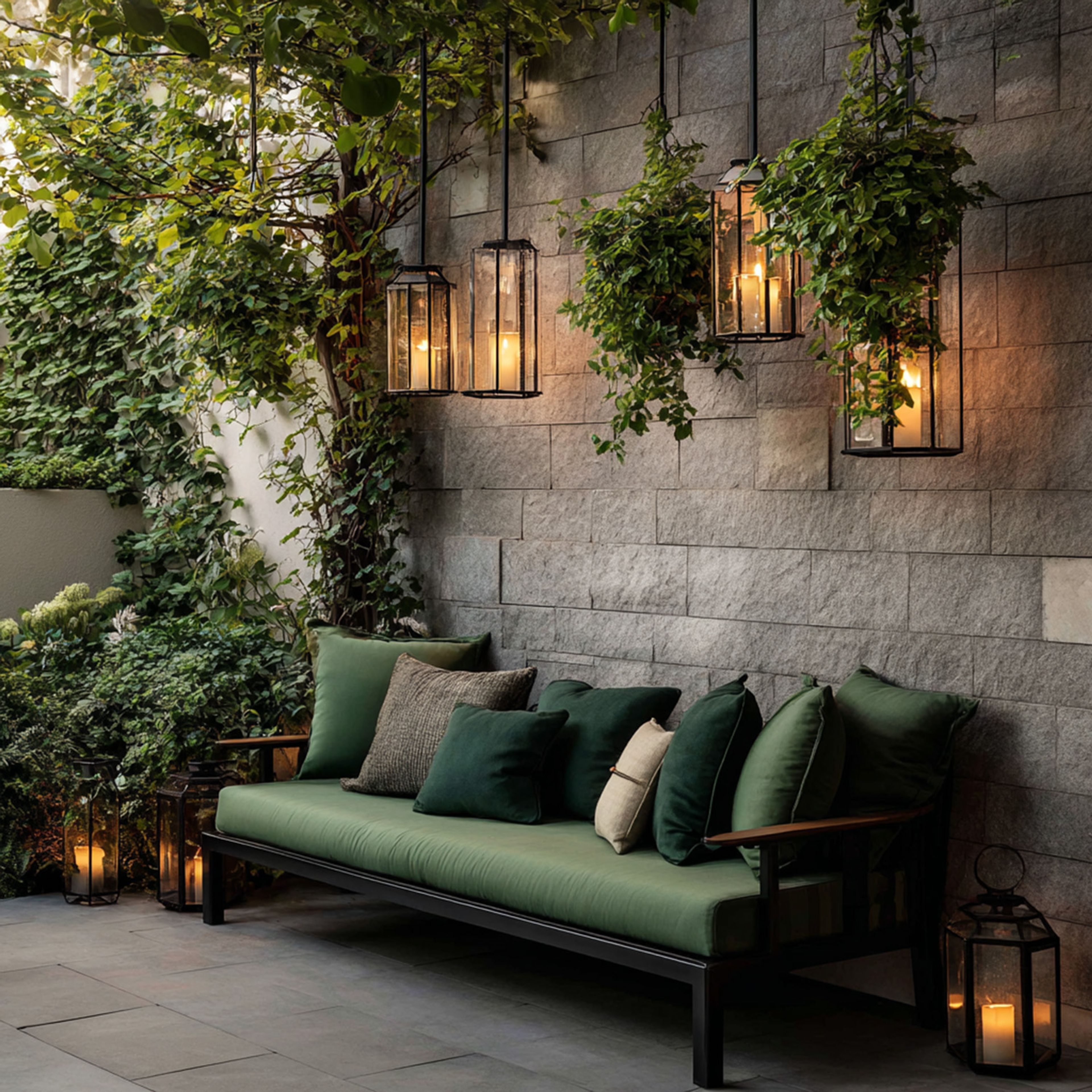 Balcony Design With Stone Wall and Hanging Lanterns