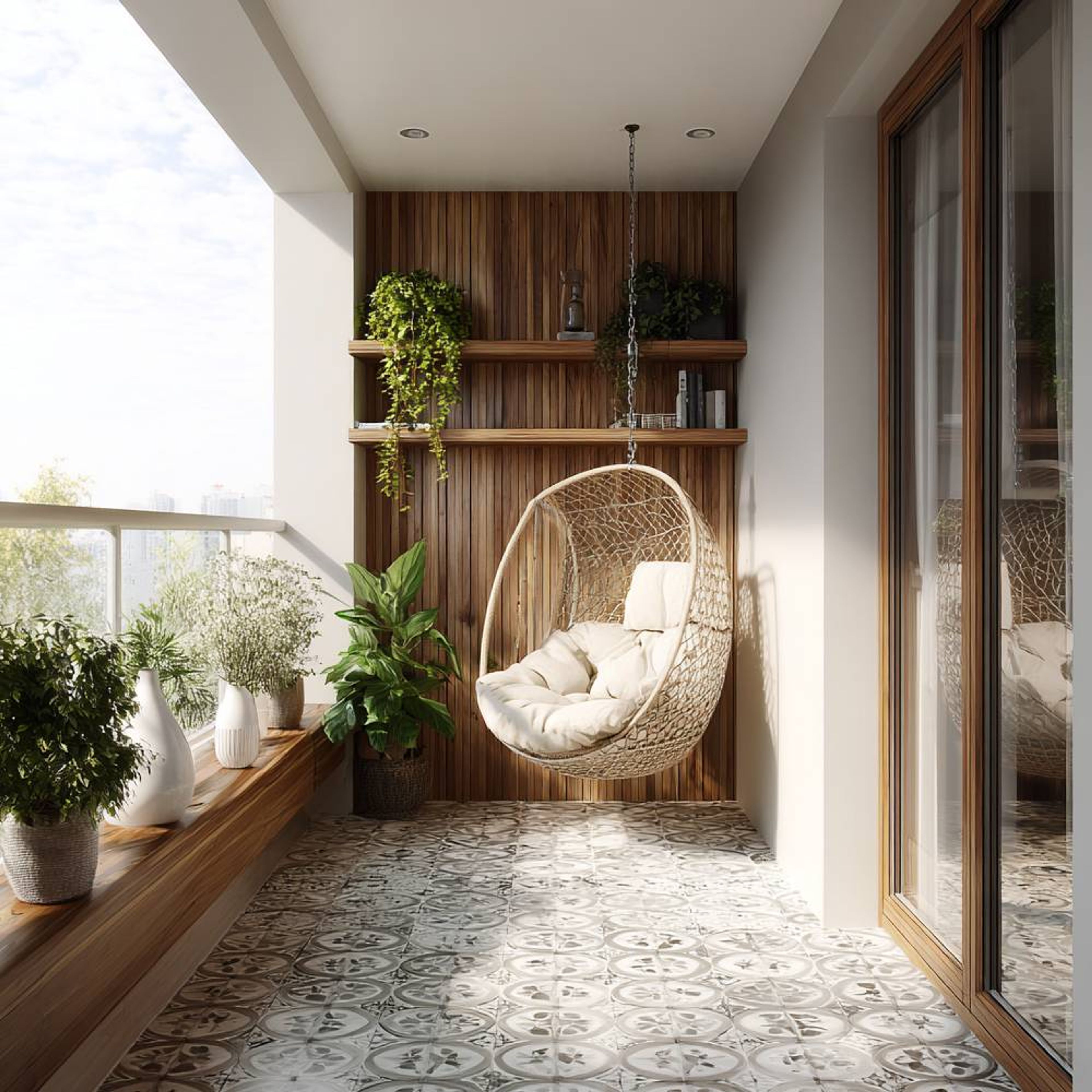 Balcony Design with Wooden Planters, Hanging Chair and Greenery