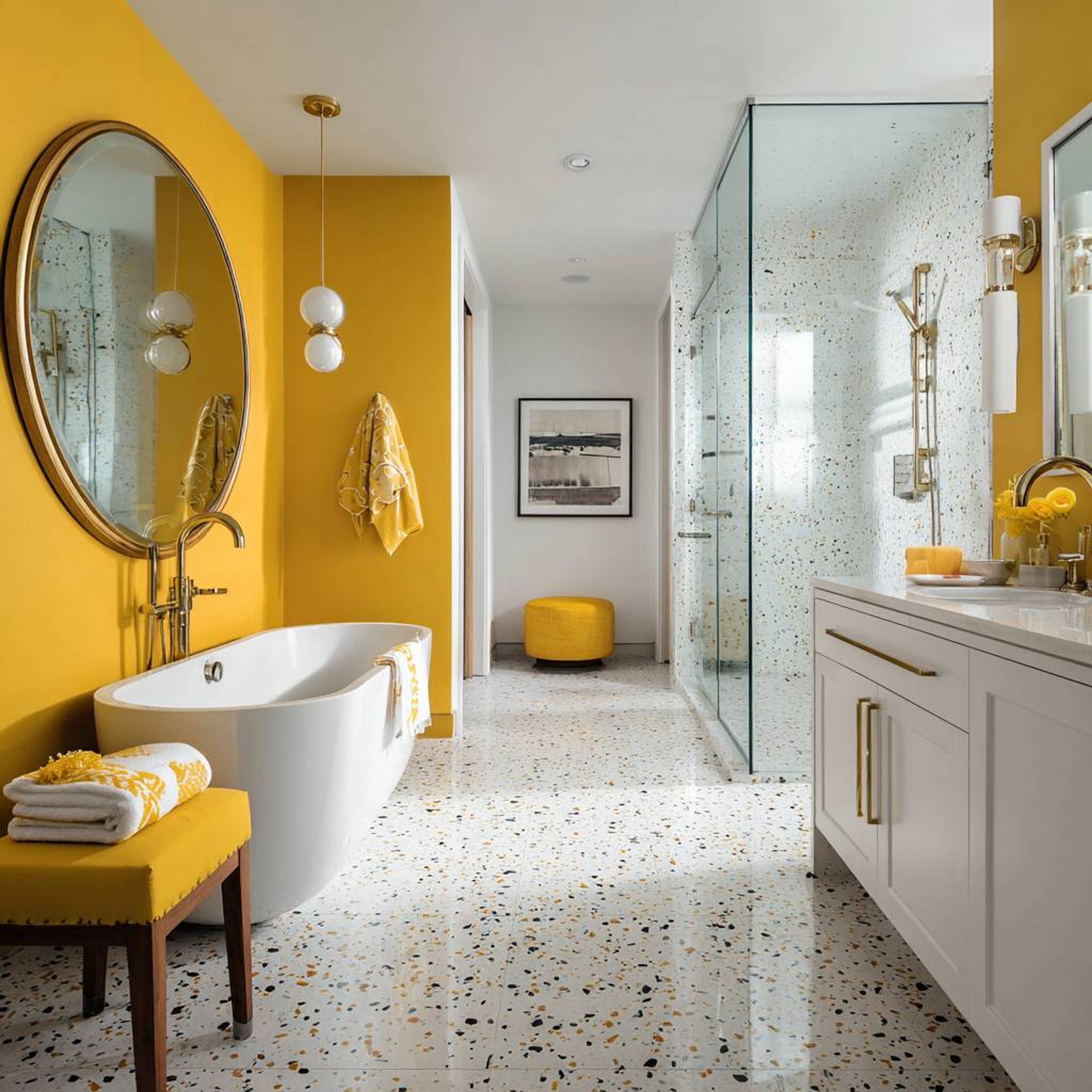 Multicolour Tiles Modern Bathroom Design with Freestanding Tub and Round Mirror