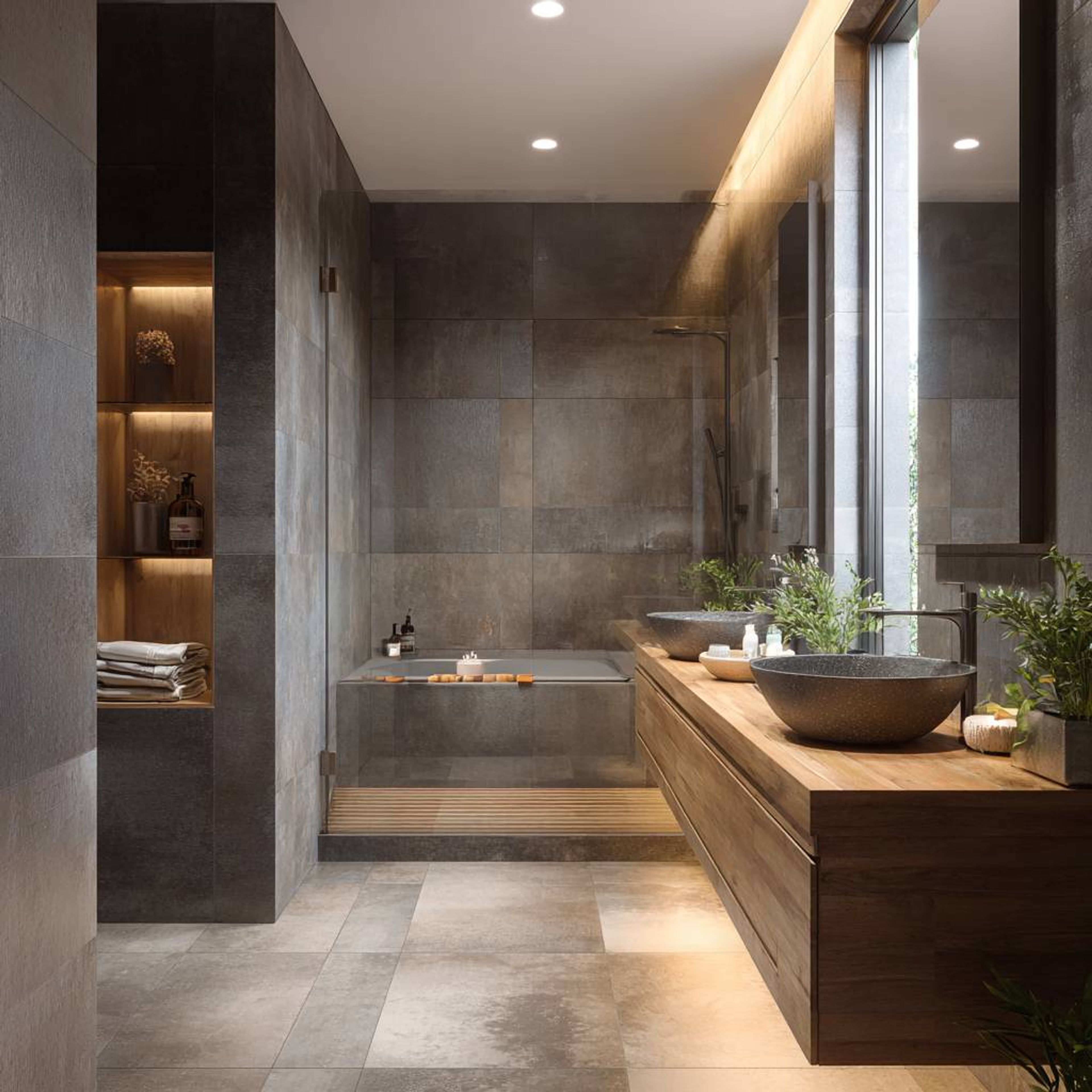 Wood and Grey Stone Contemporary Bathroom Design with Sunken Tub and Floating Vanity