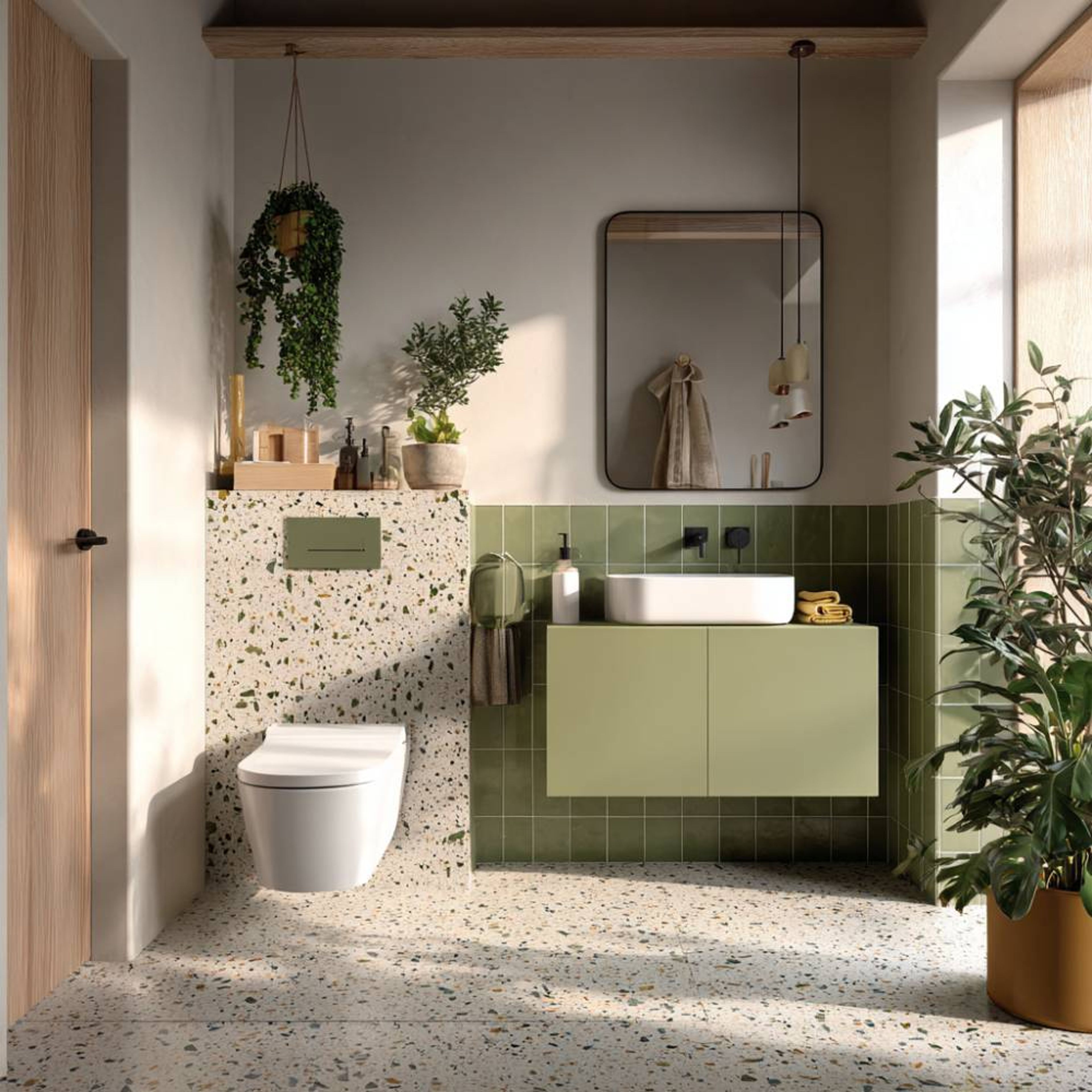 Modern Bathroom Design with Sage Green Tiles and Terrazzo Floor