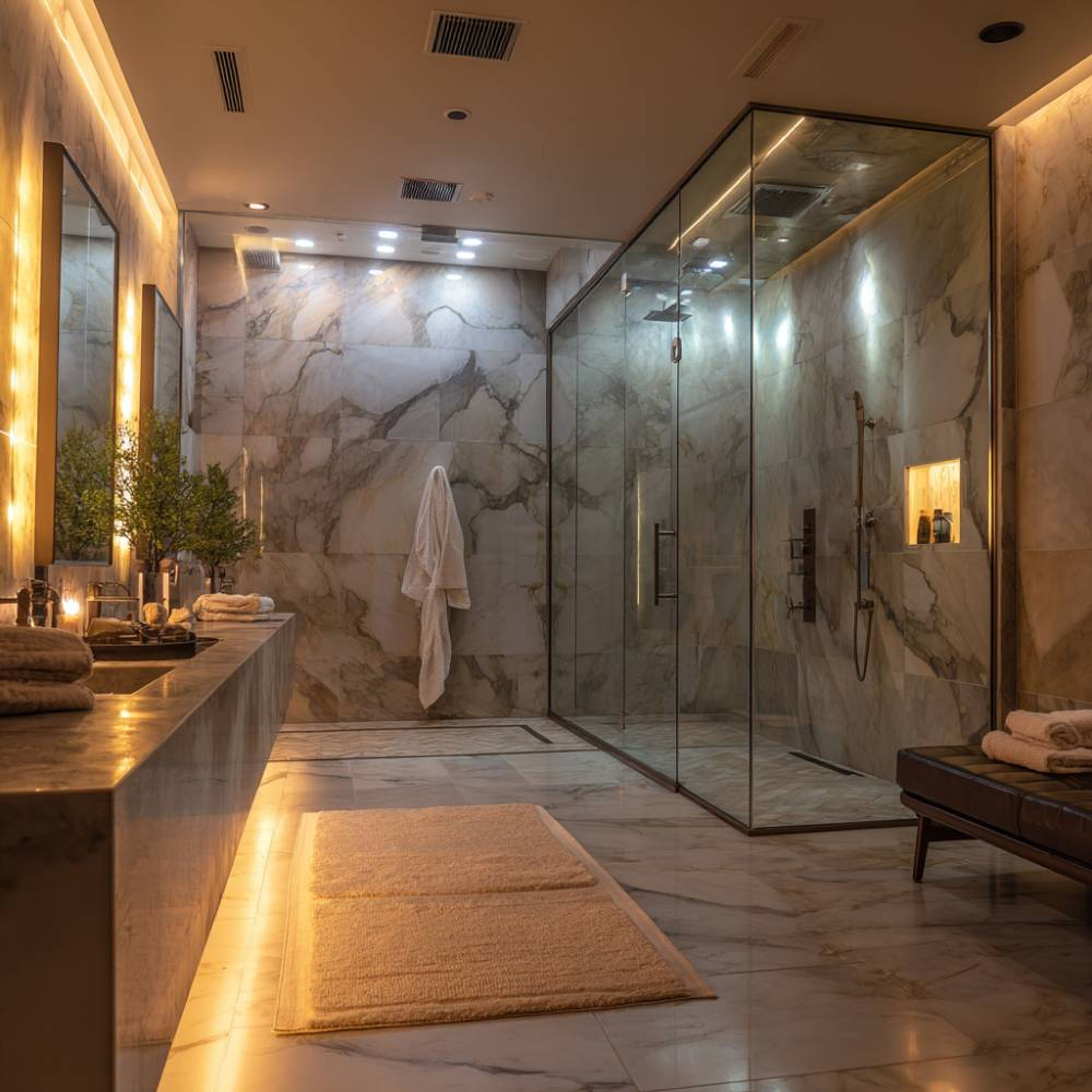 Grey and White Contemporary Bathroom Design with Marble Walls and Double Vanity