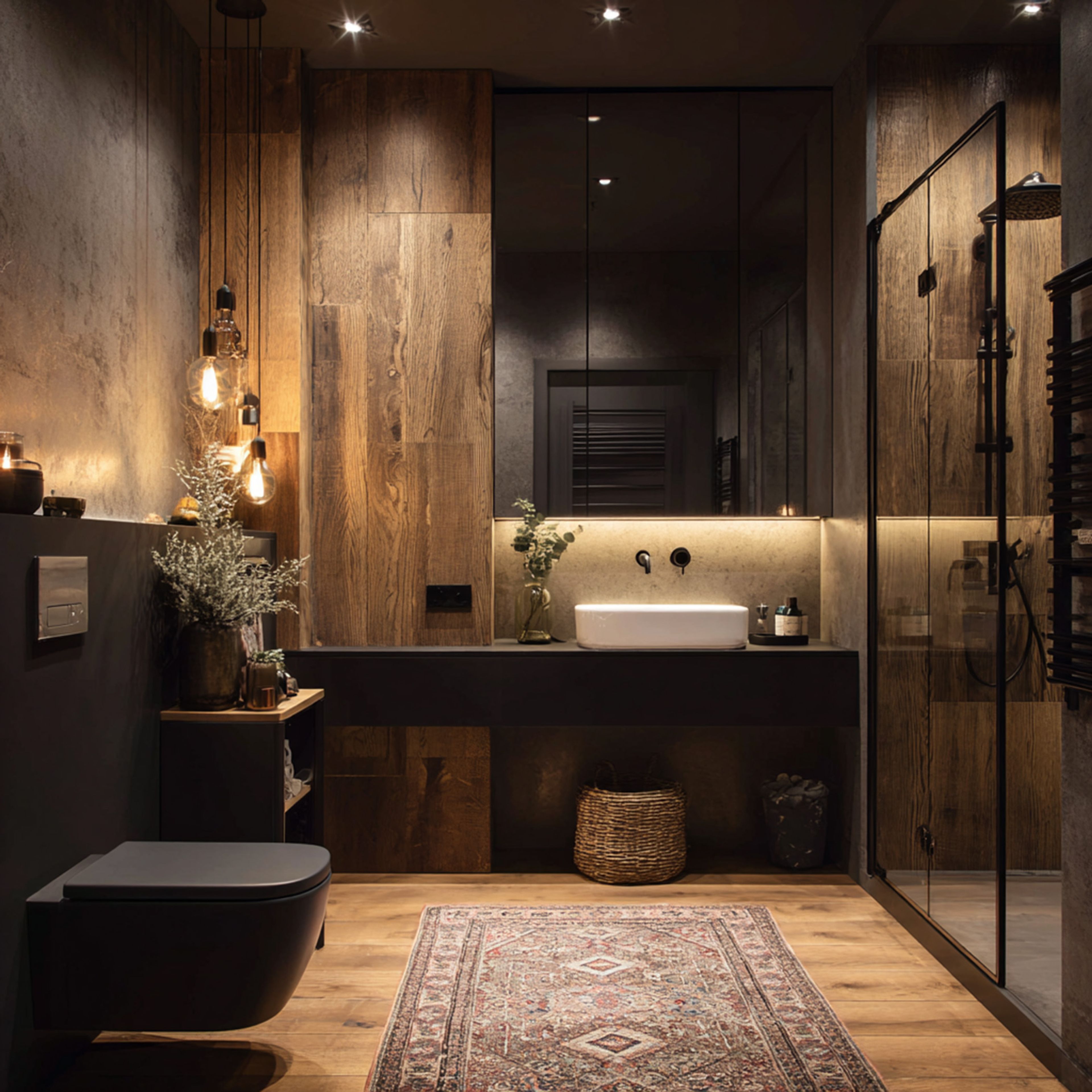 Matte Black, Natural Wood and Textured Grey Bathroom Design