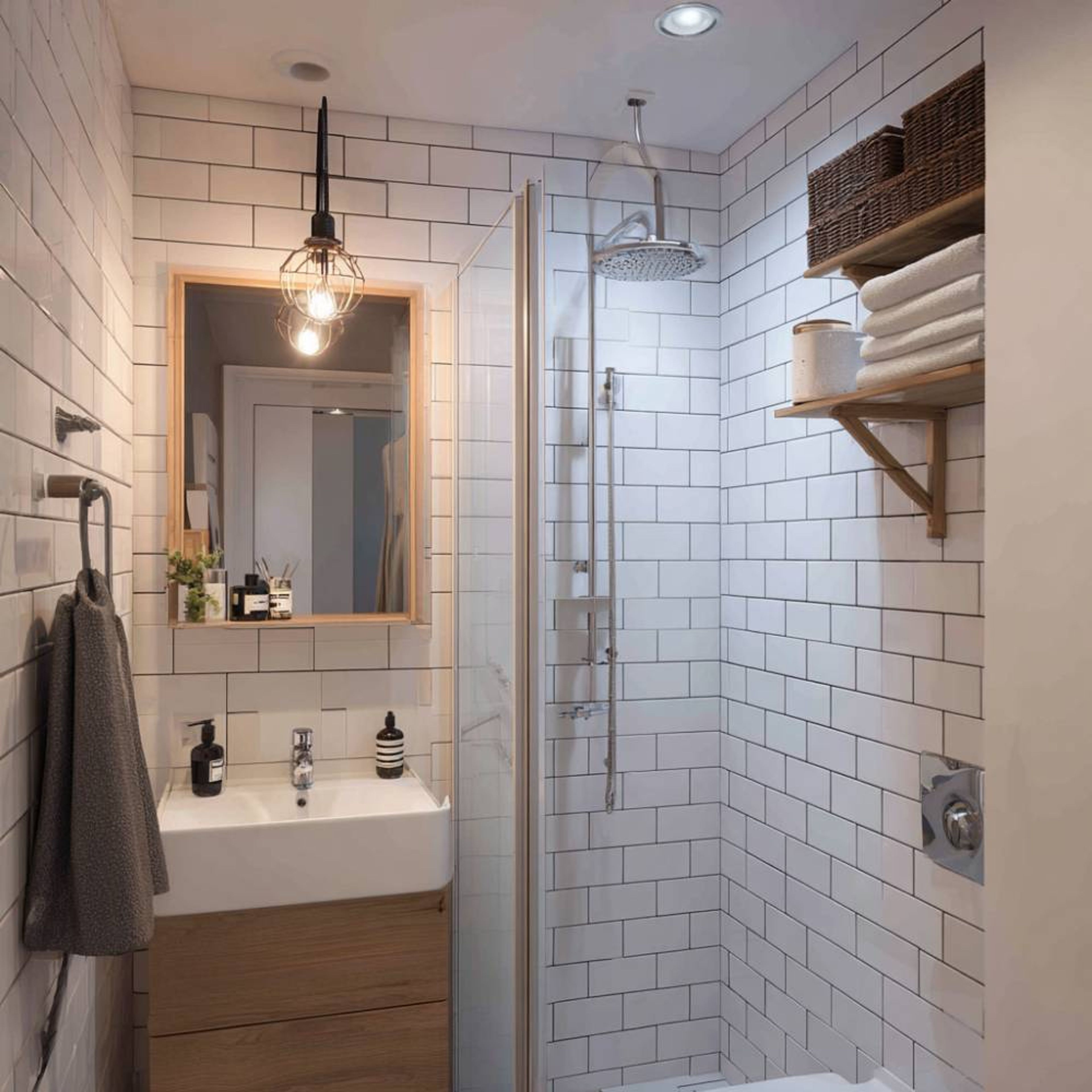 White Minimal Bathroom Design with Subway Tiles and Floating Vanity