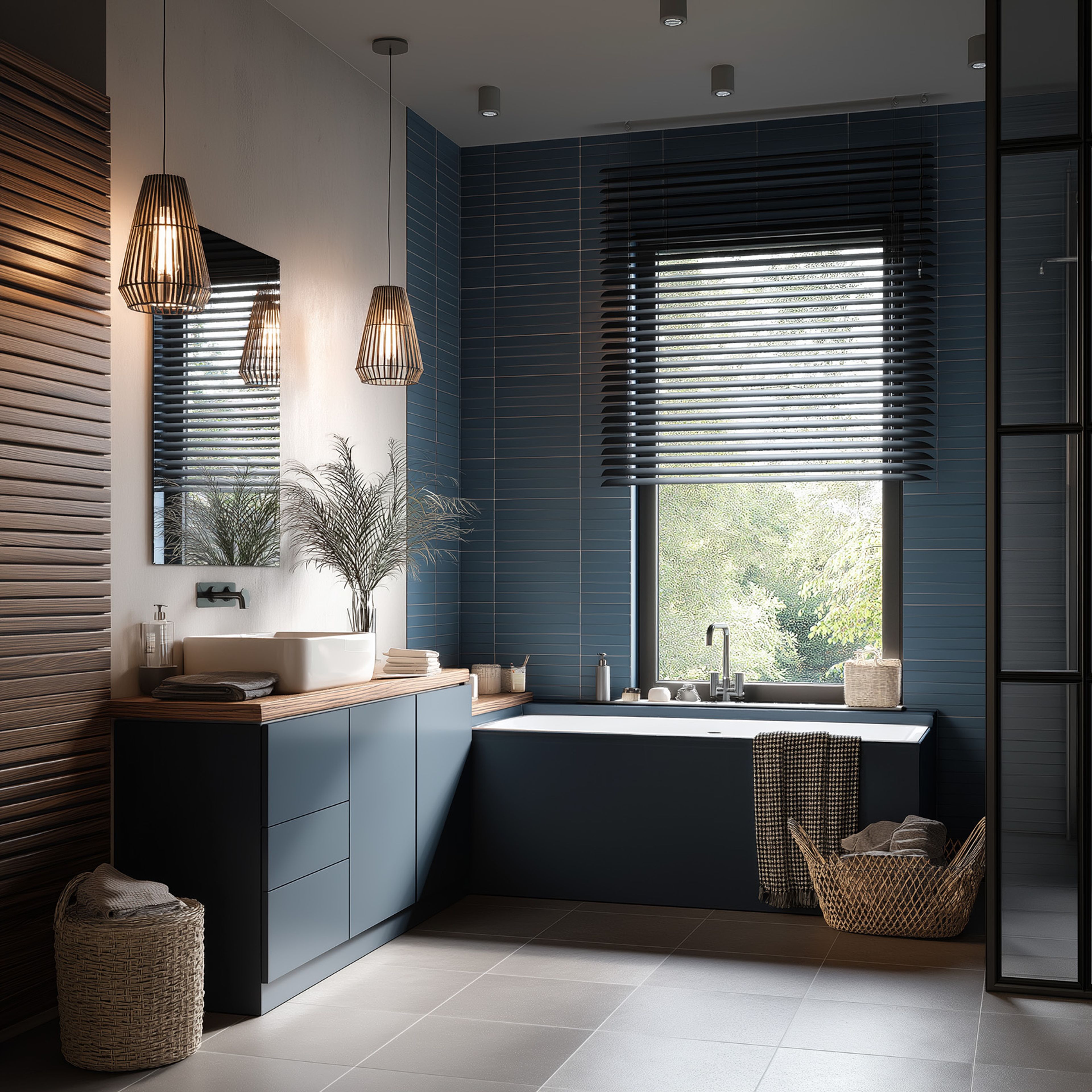 Bathroom with blue cabinets, soaking tub, wooden accents, and pendant lights