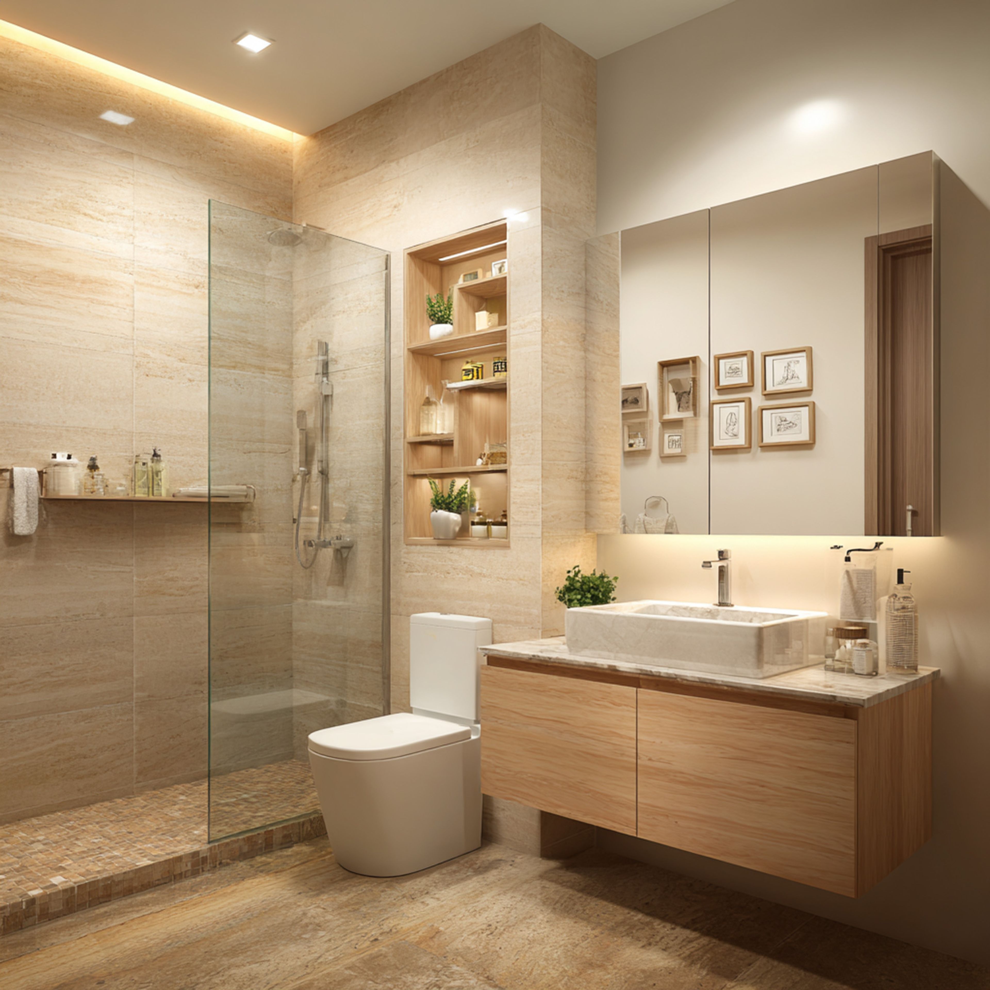 Bathroom with glass shower, floating vanity, marble countertop, and wooden shelves