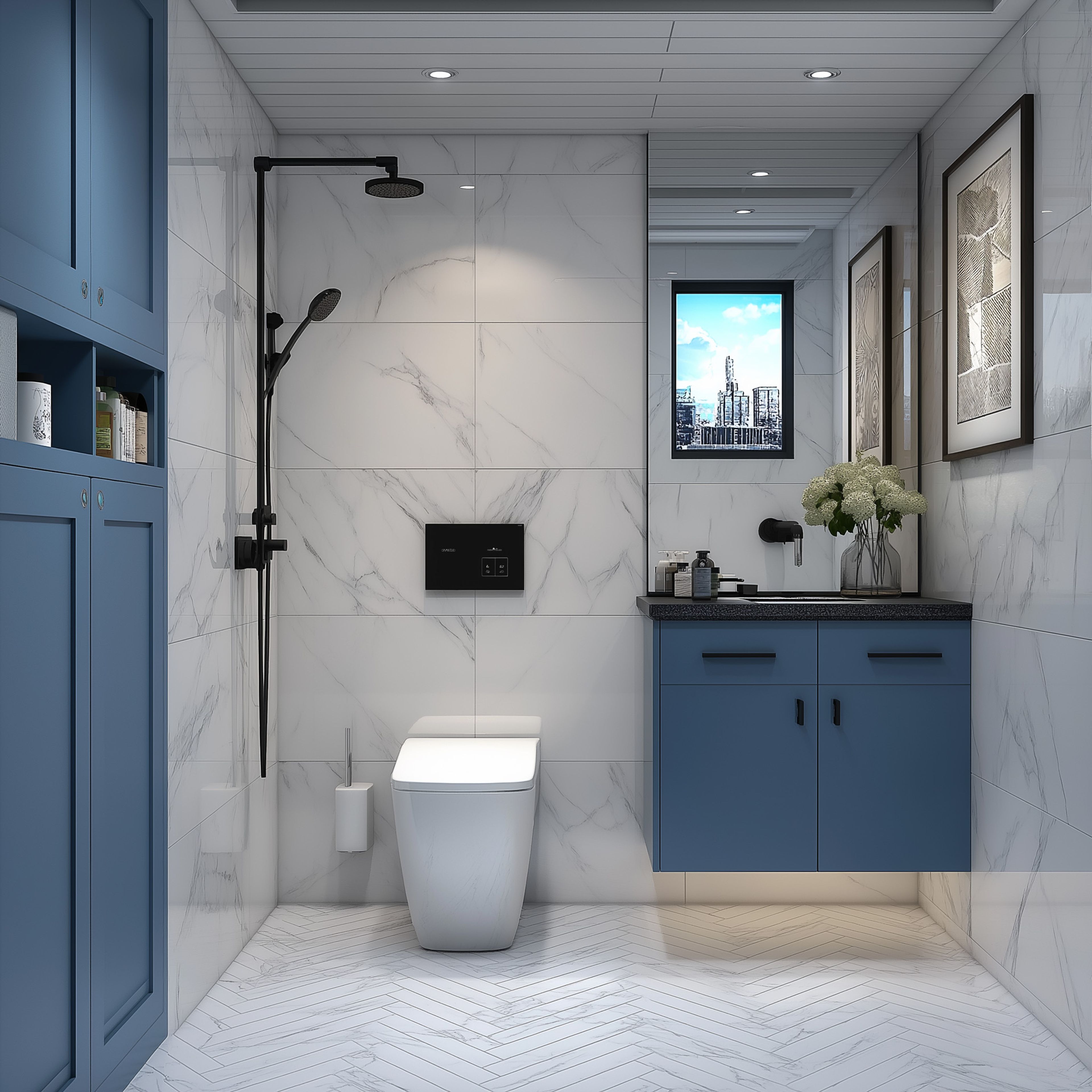 Bathroom with blue cabinets, white marble tiles, black fixtures, and natural light