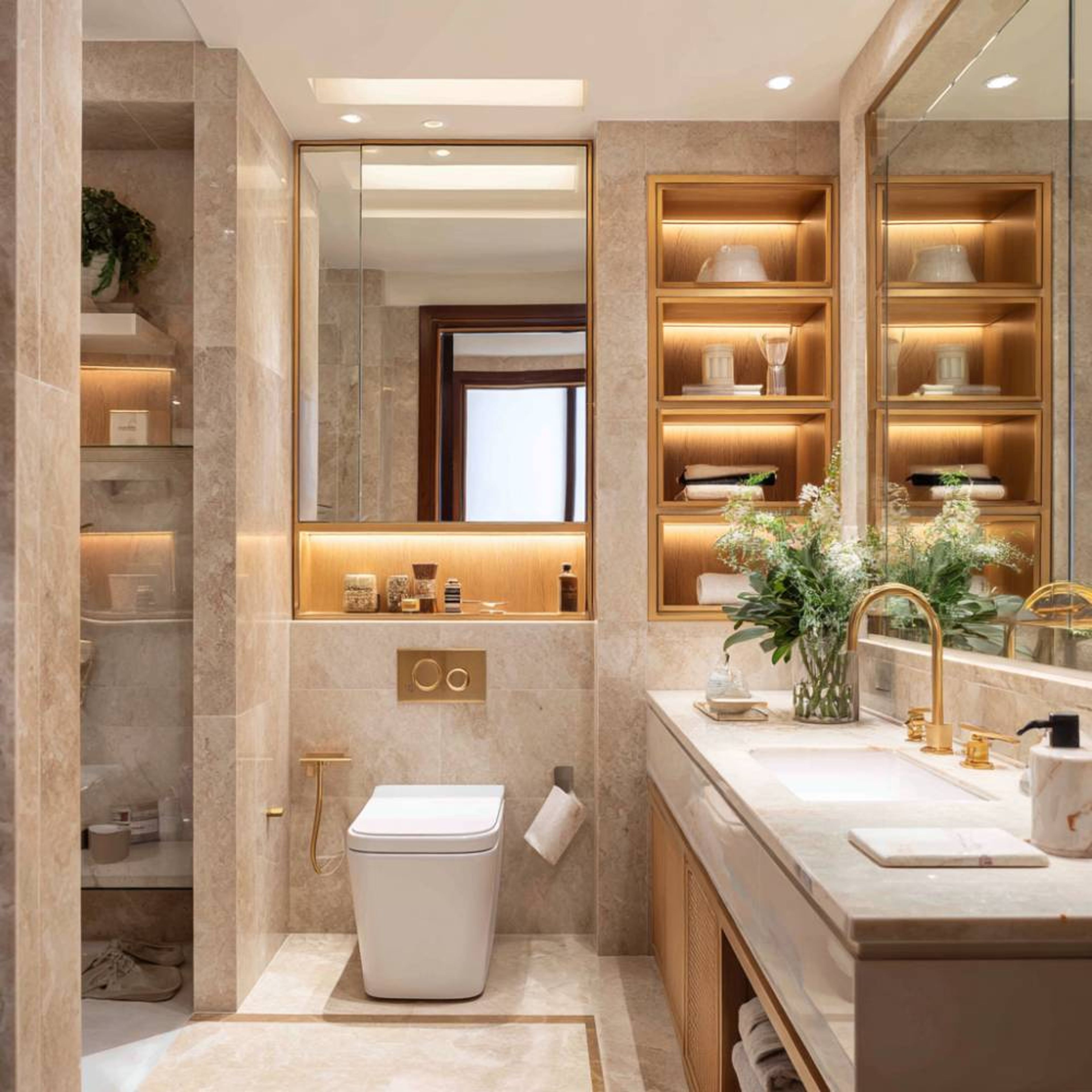 Modern Bathroom Design with Beige Marble, Vanity  and Brass Fixtures