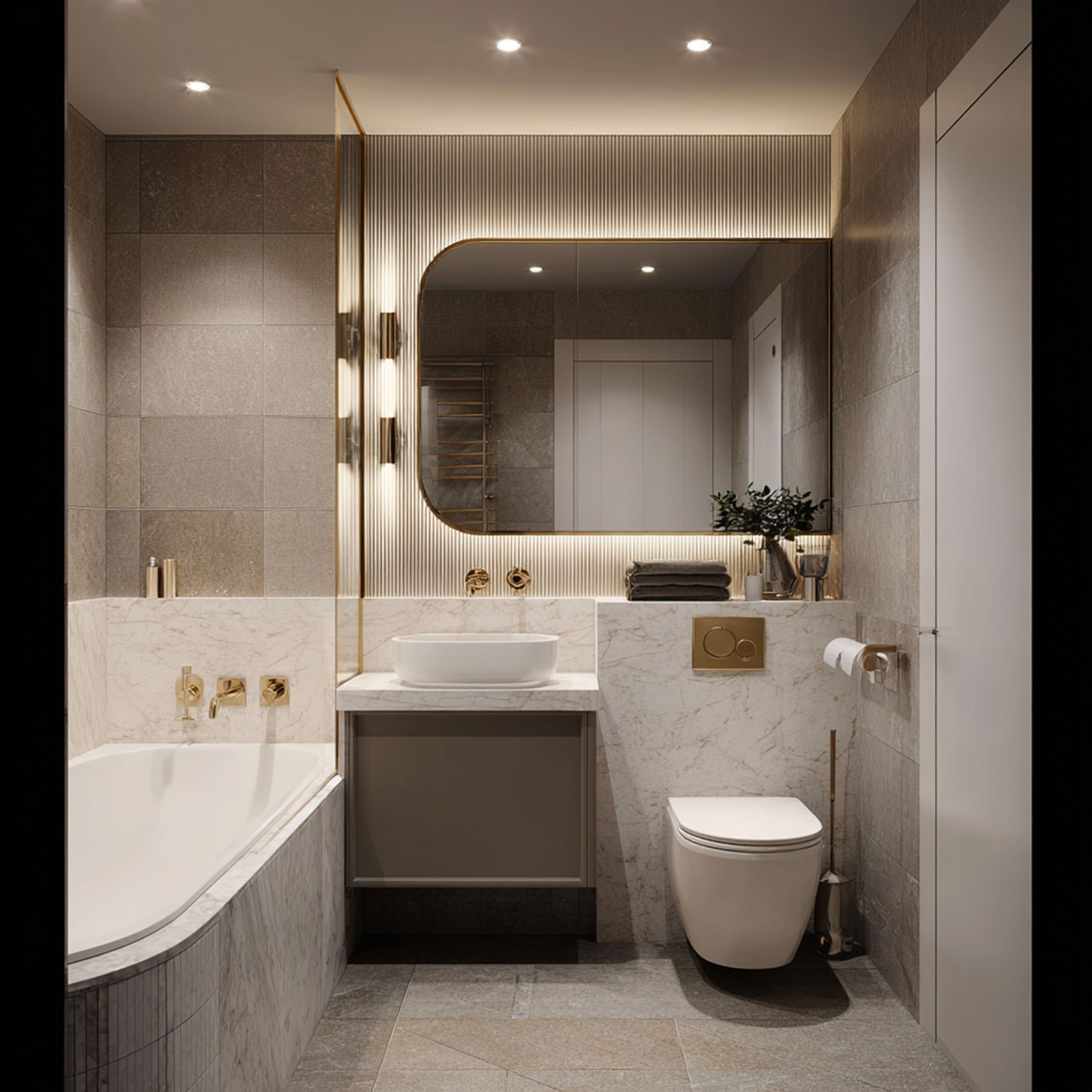 Modern Bathroom Design with Grey and White Tiles and Golden Fixtures