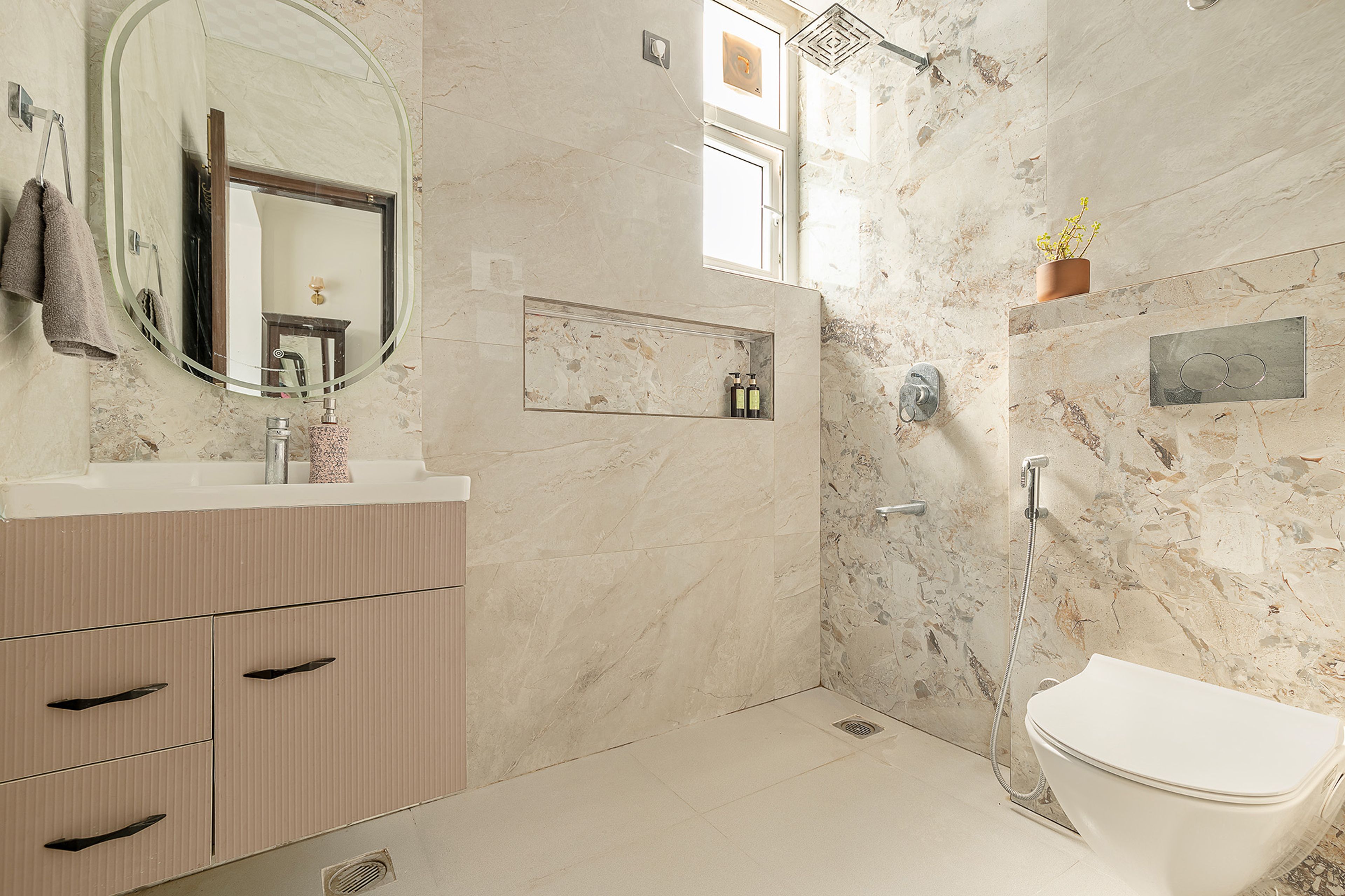 Modern Bathroom Design with Beige Cream Tiles and Full Marble Cladding