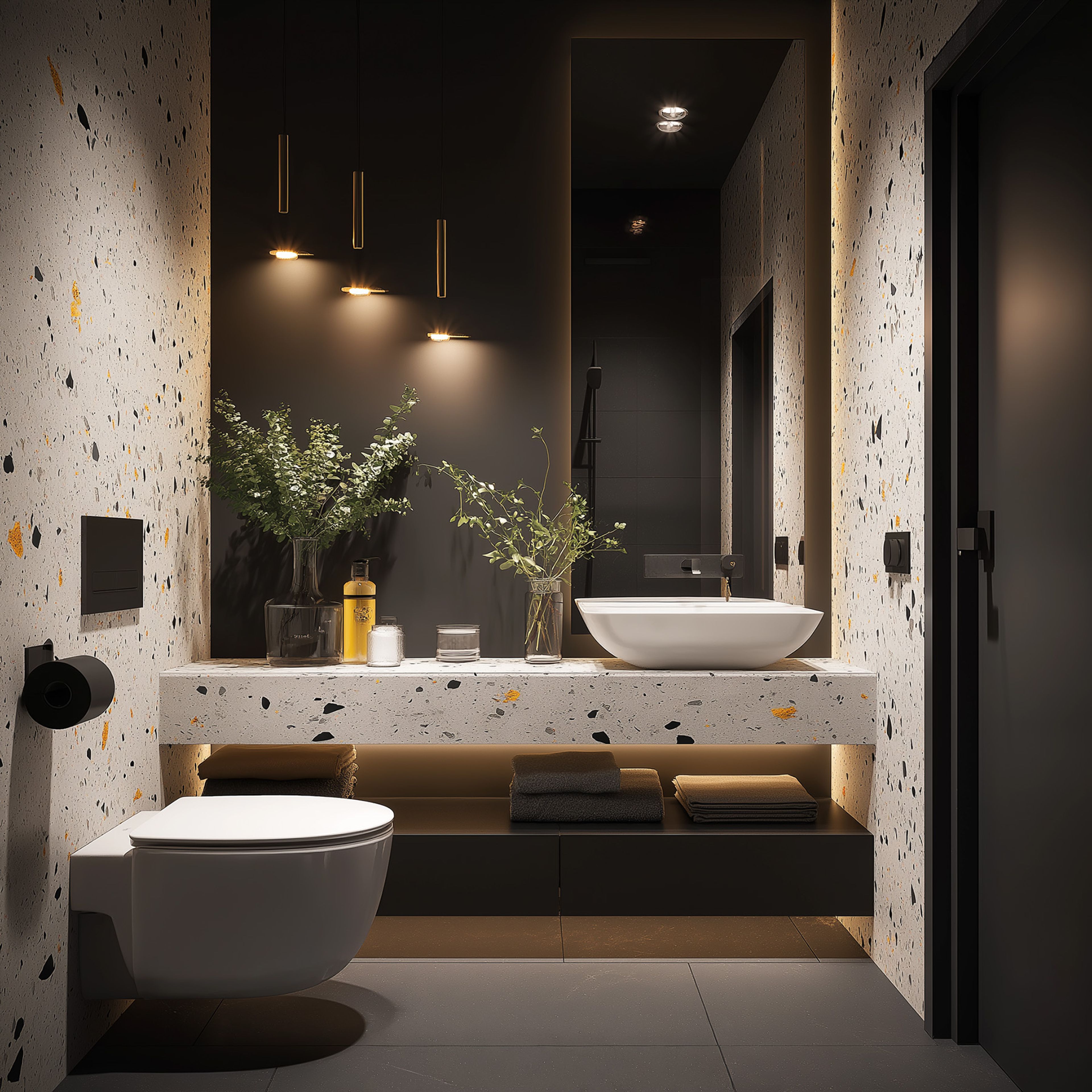 Modern Bathroom Design with Terrazzo Countertop and Multicolour Tiles
