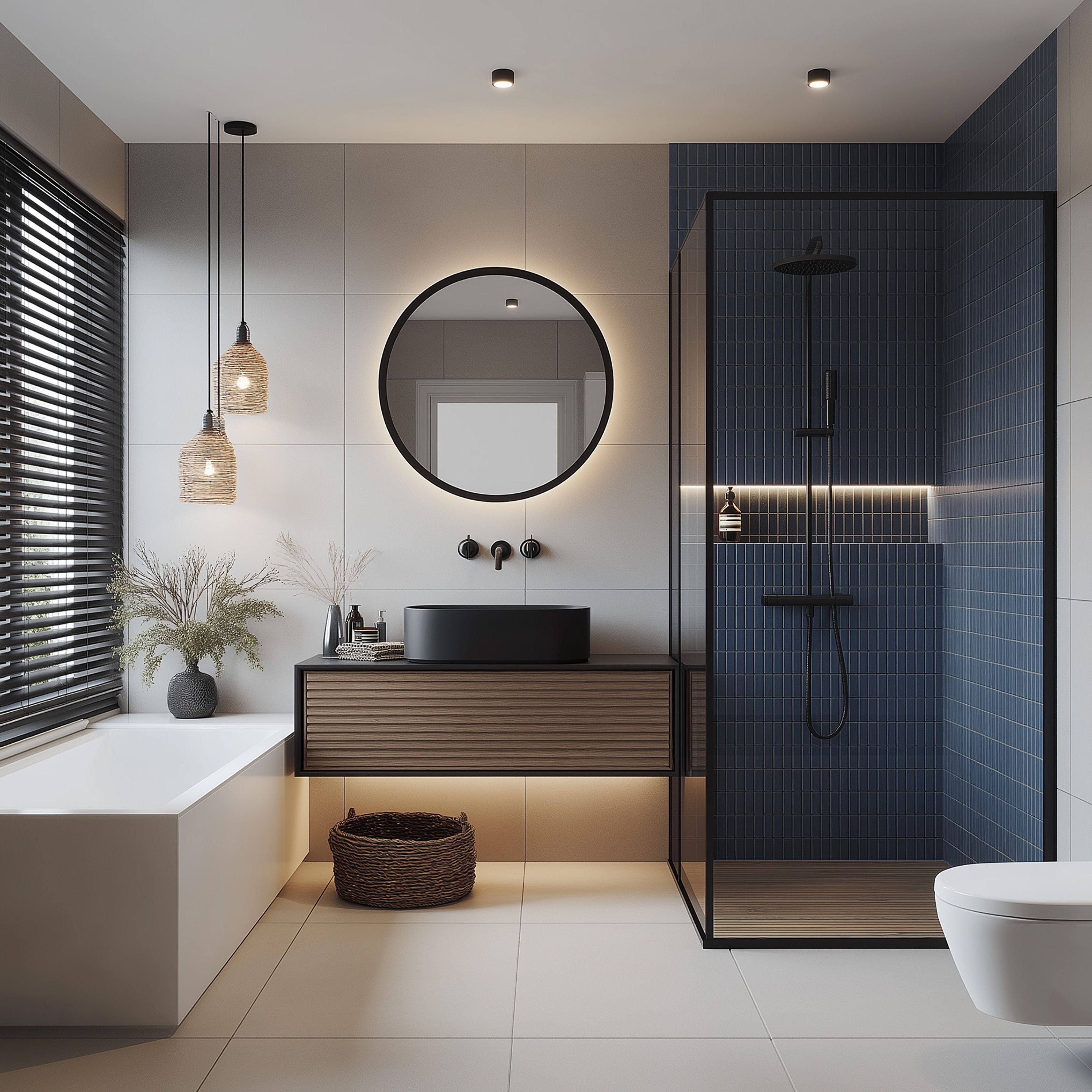 Modern Bathroom Design with Navy Blue Shower Tiles and Ribbed Vanity Storage