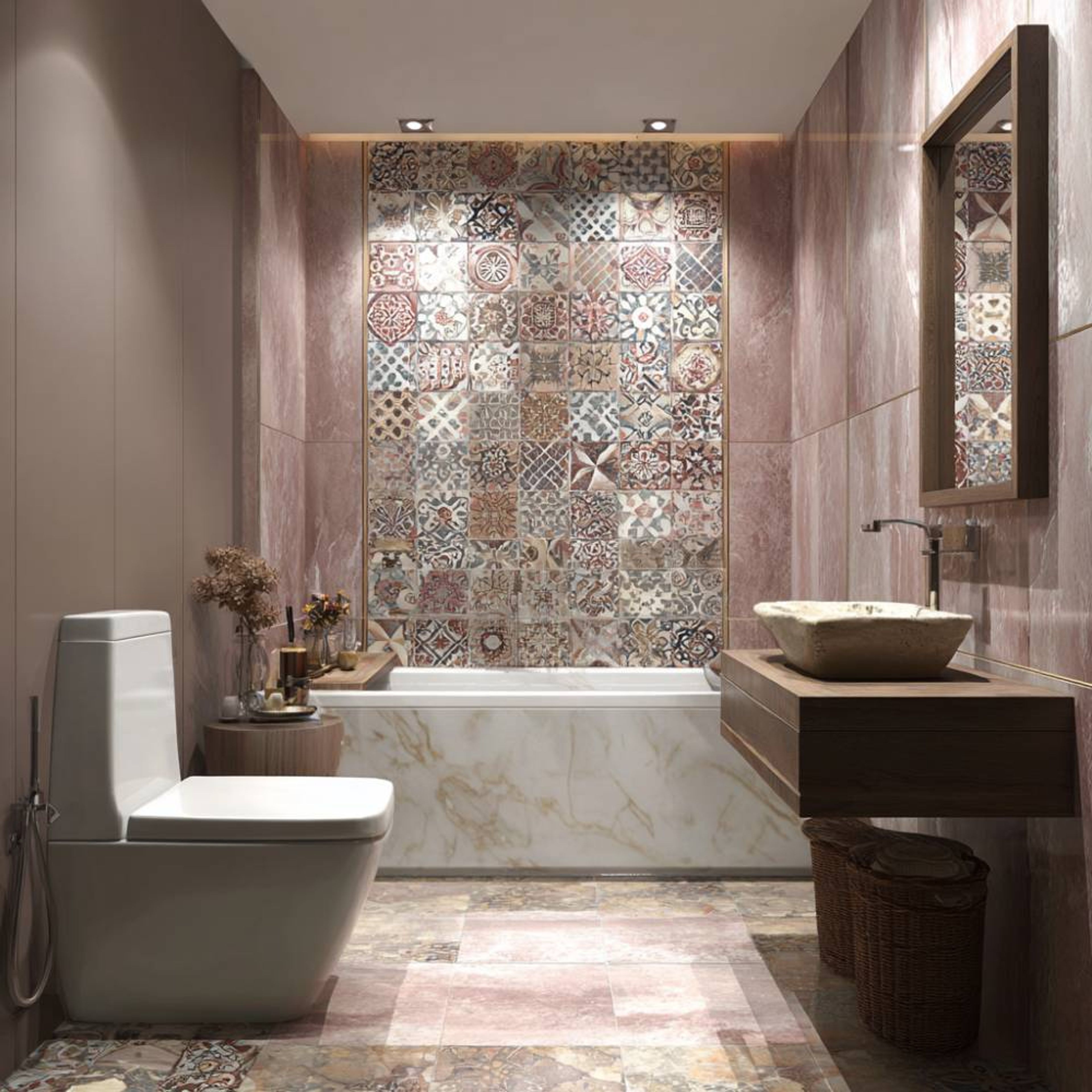 Contemporary Bathroom Design with Multicolor Tiles and Floating Vanity Unit