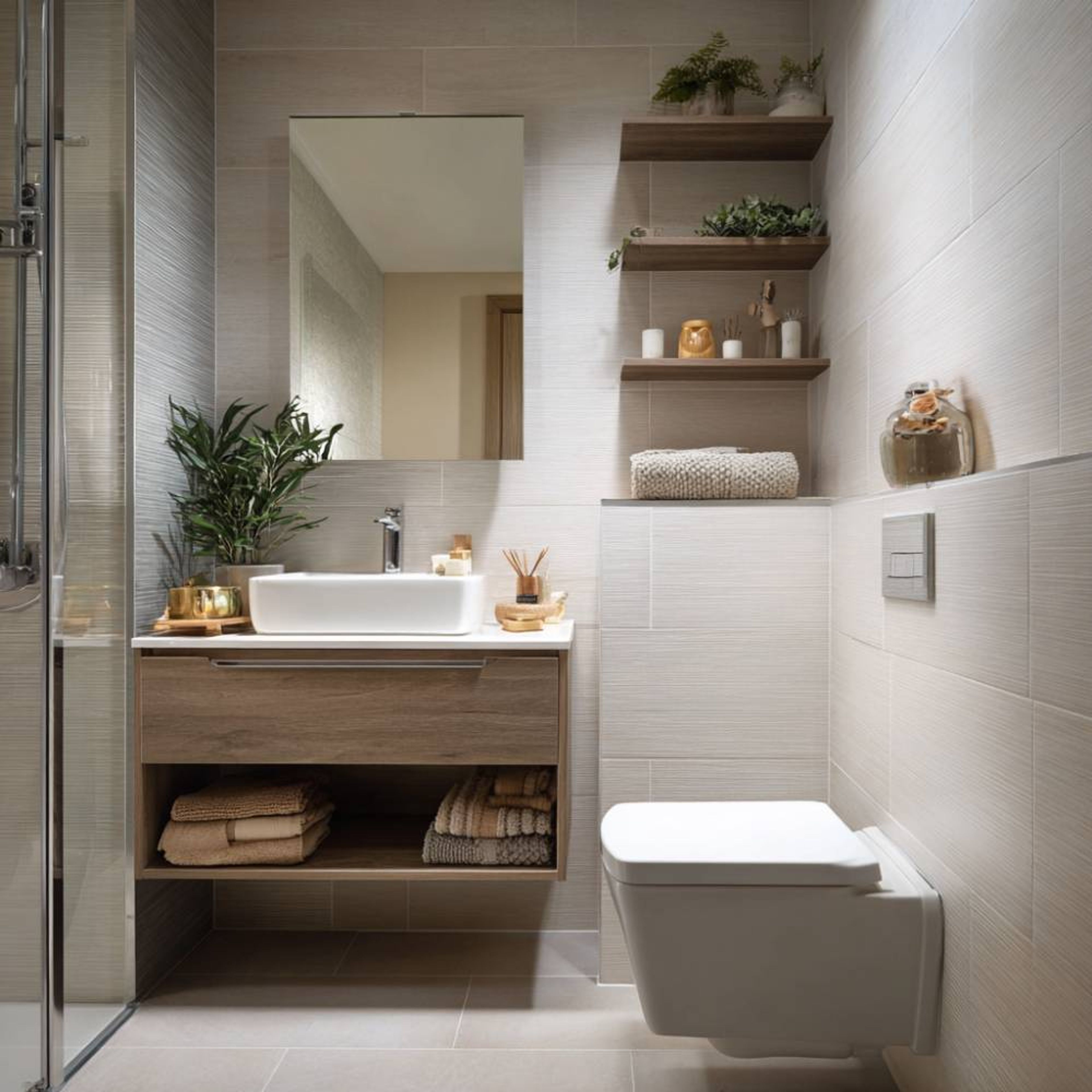 Modern Bathroom Design with Floating Drawer Vanity, Open Unit and Cream Tiles