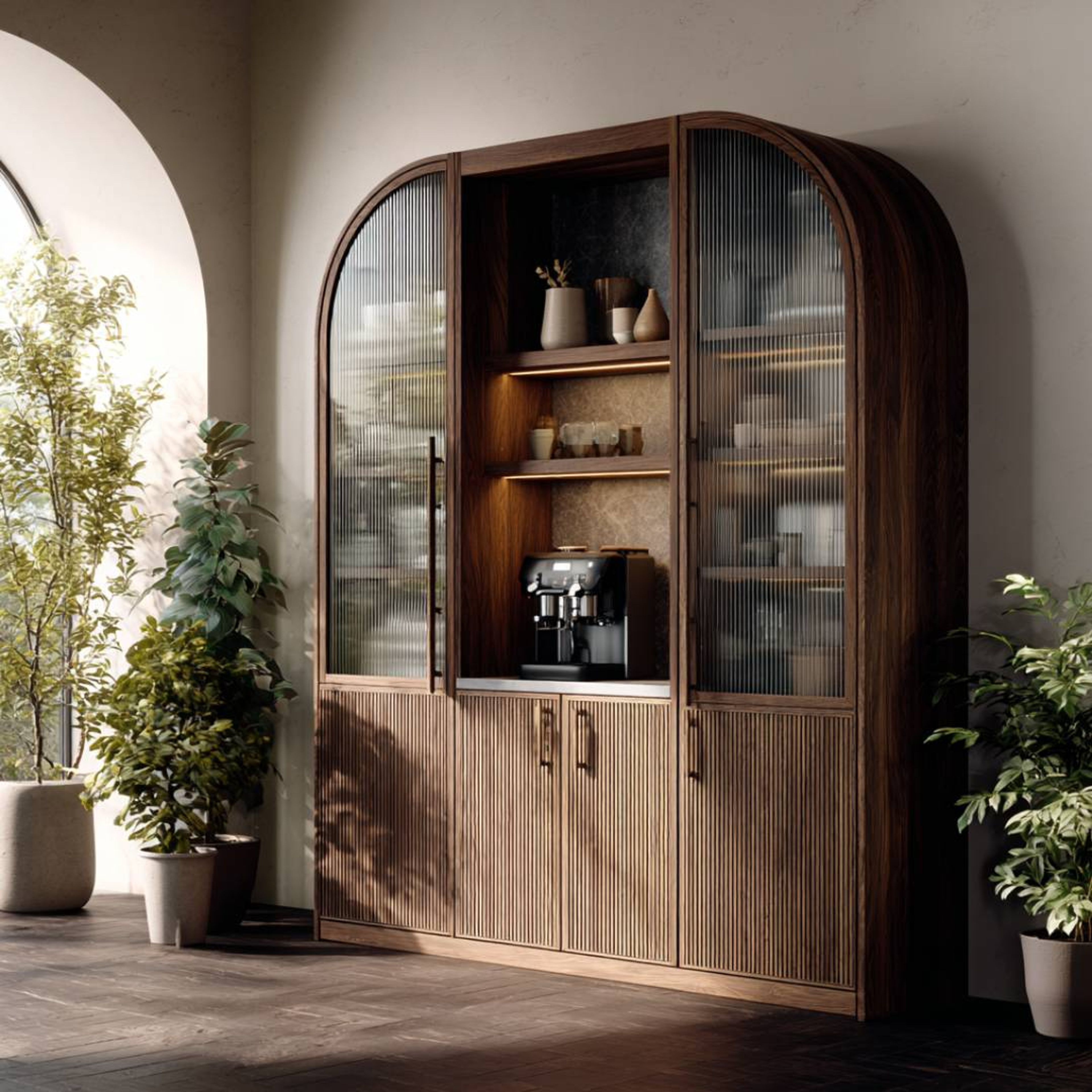 Contemporary Crockery Unit Design With Ribbed Glass and Coffee Niche