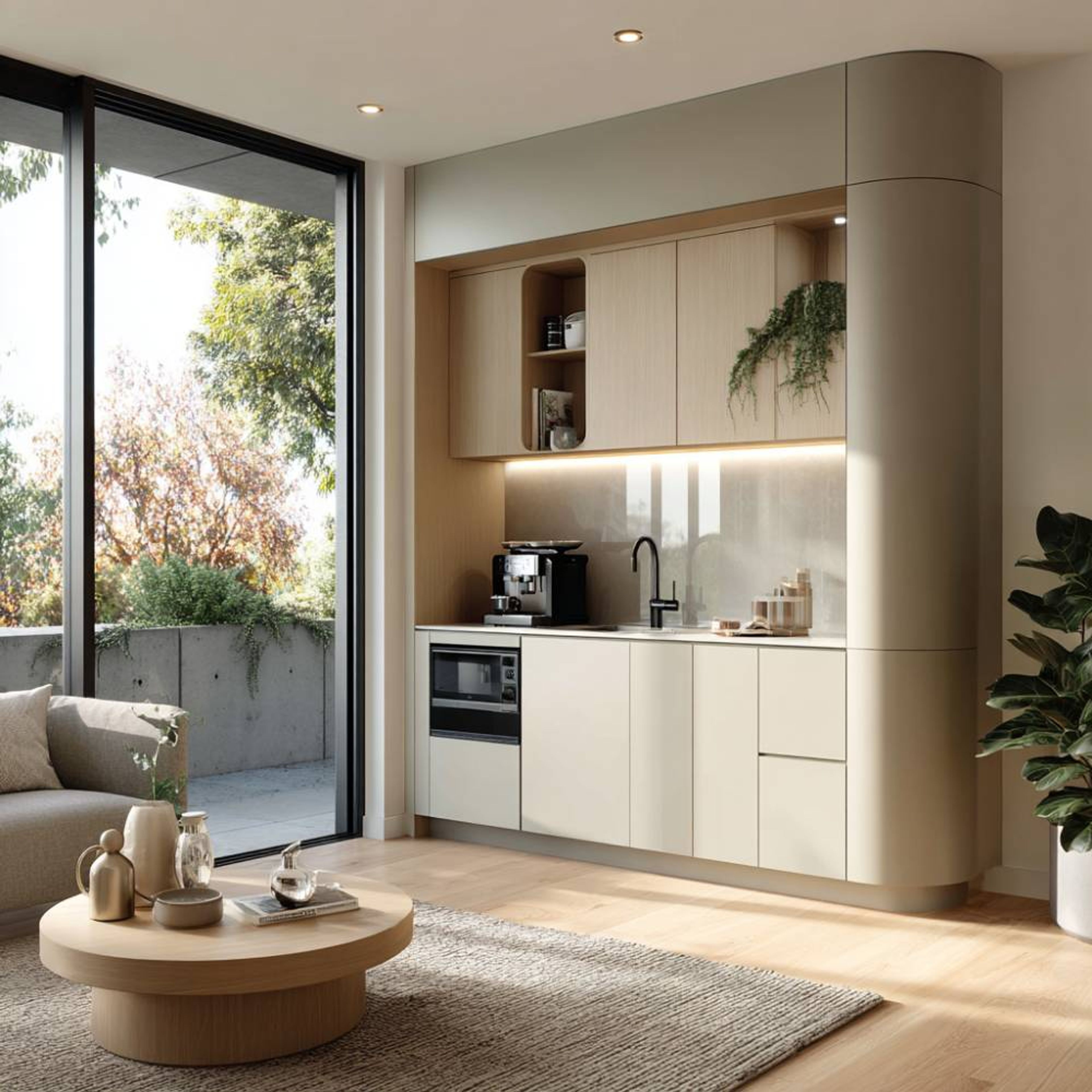 Cream and Wood Minimal Crockery Unit Design Featuring Rounded Corner Edges Open and Closed Storage