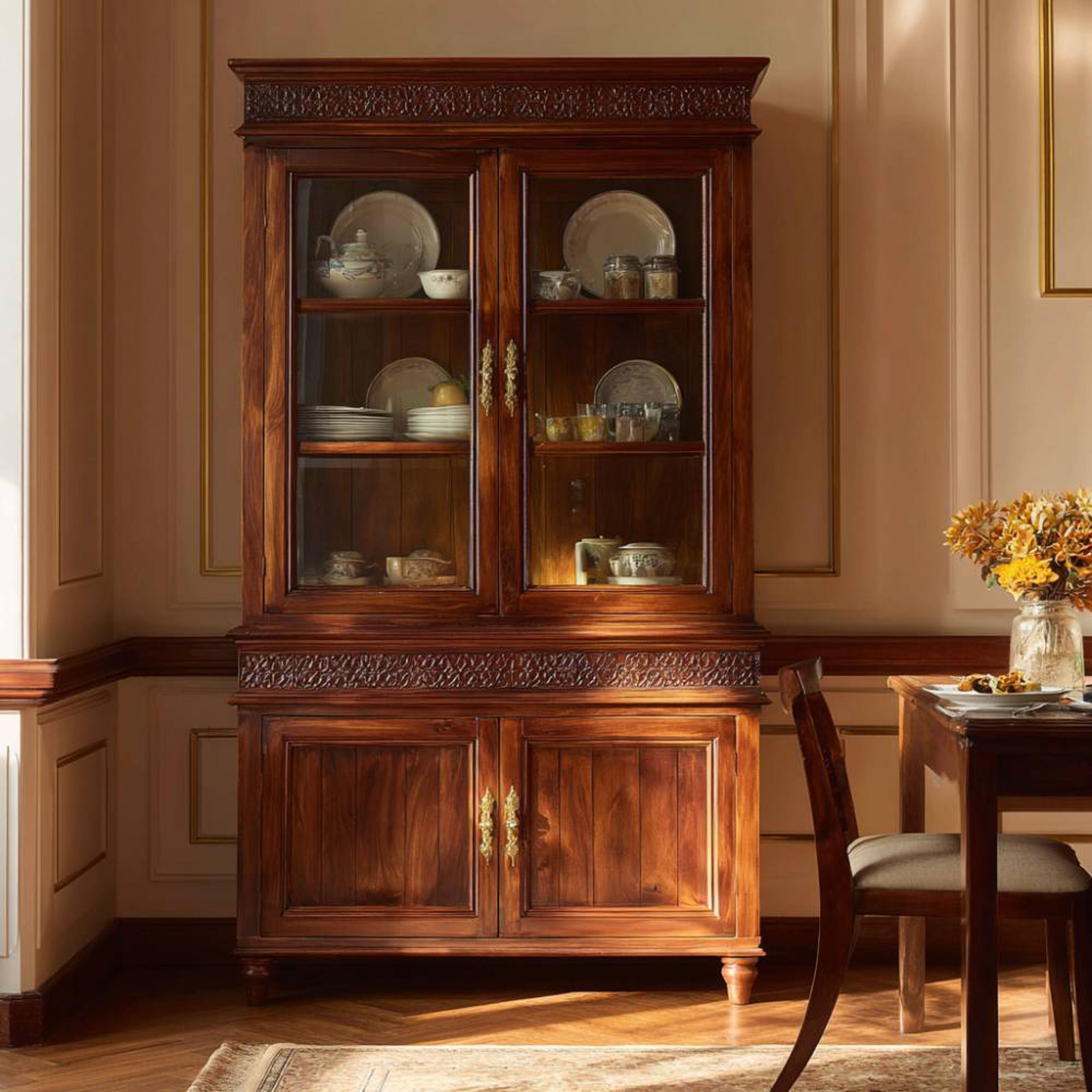 Indian Traditional Crockery Unit Design with Rich Wood Finish and Brass Handles