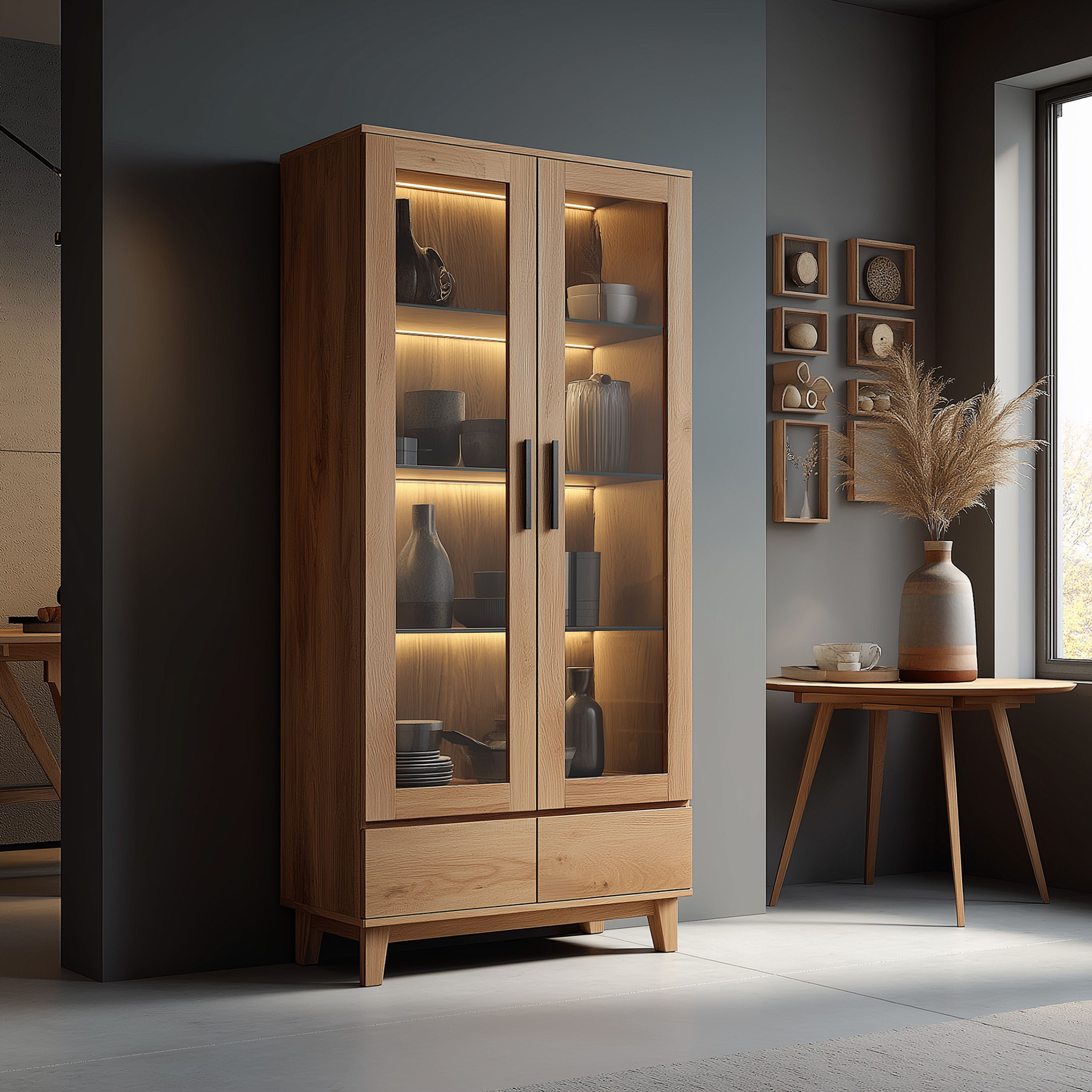 Wood Crockery Unit Design with Glass Display and Drawers