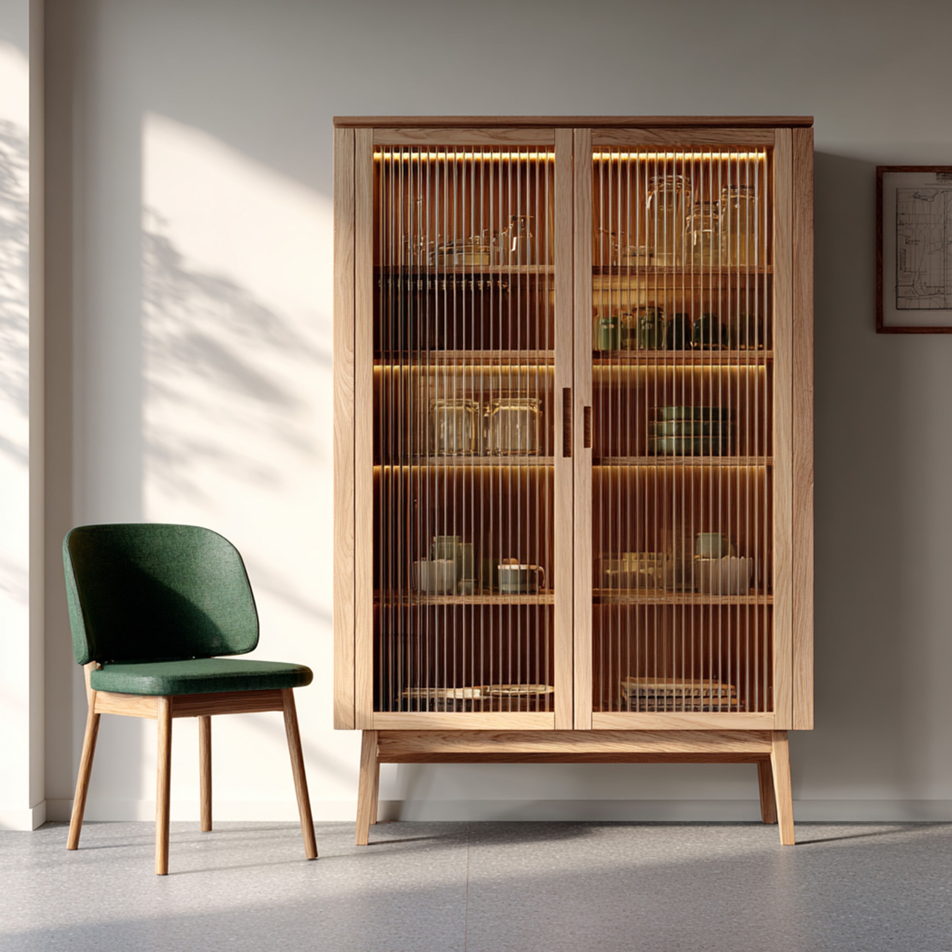 Modern Crockery Unit Design with Ribbed Glass Shutters and LED Lighting
