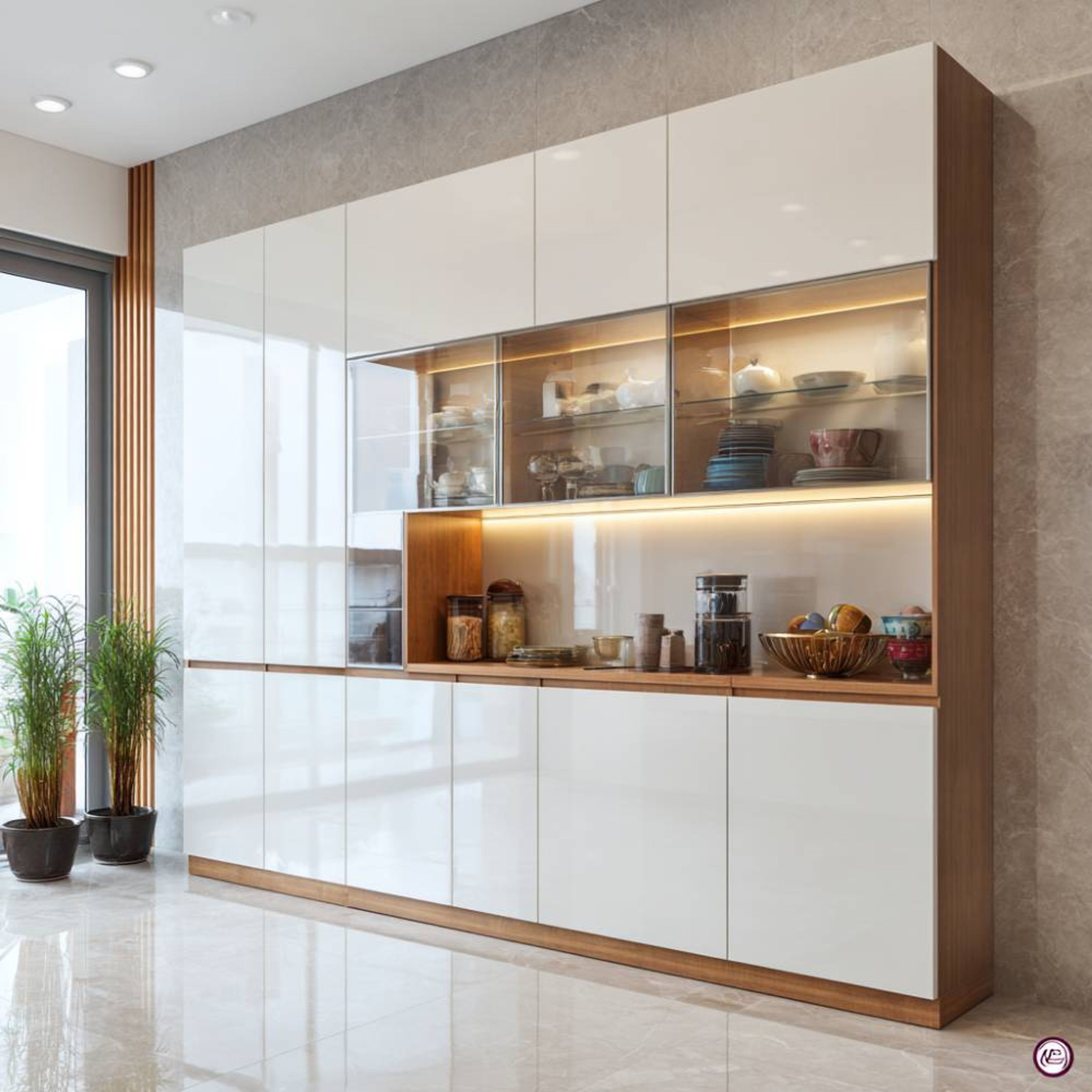 Minimal Crockery Unit Design in White and Wood Finish with Glass Cabinets