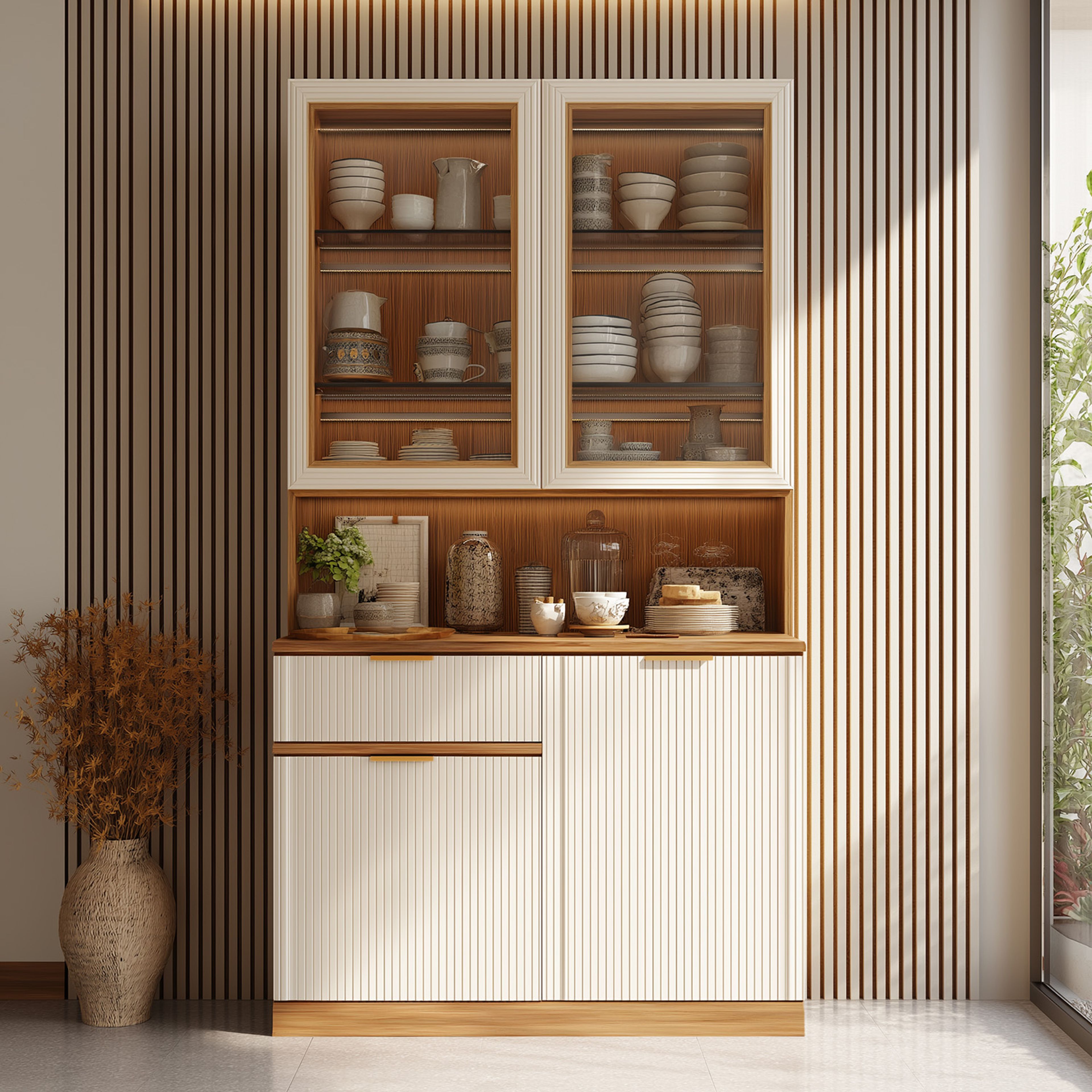 Classic Crockery Unit Design with Glass Display and Closed Storage