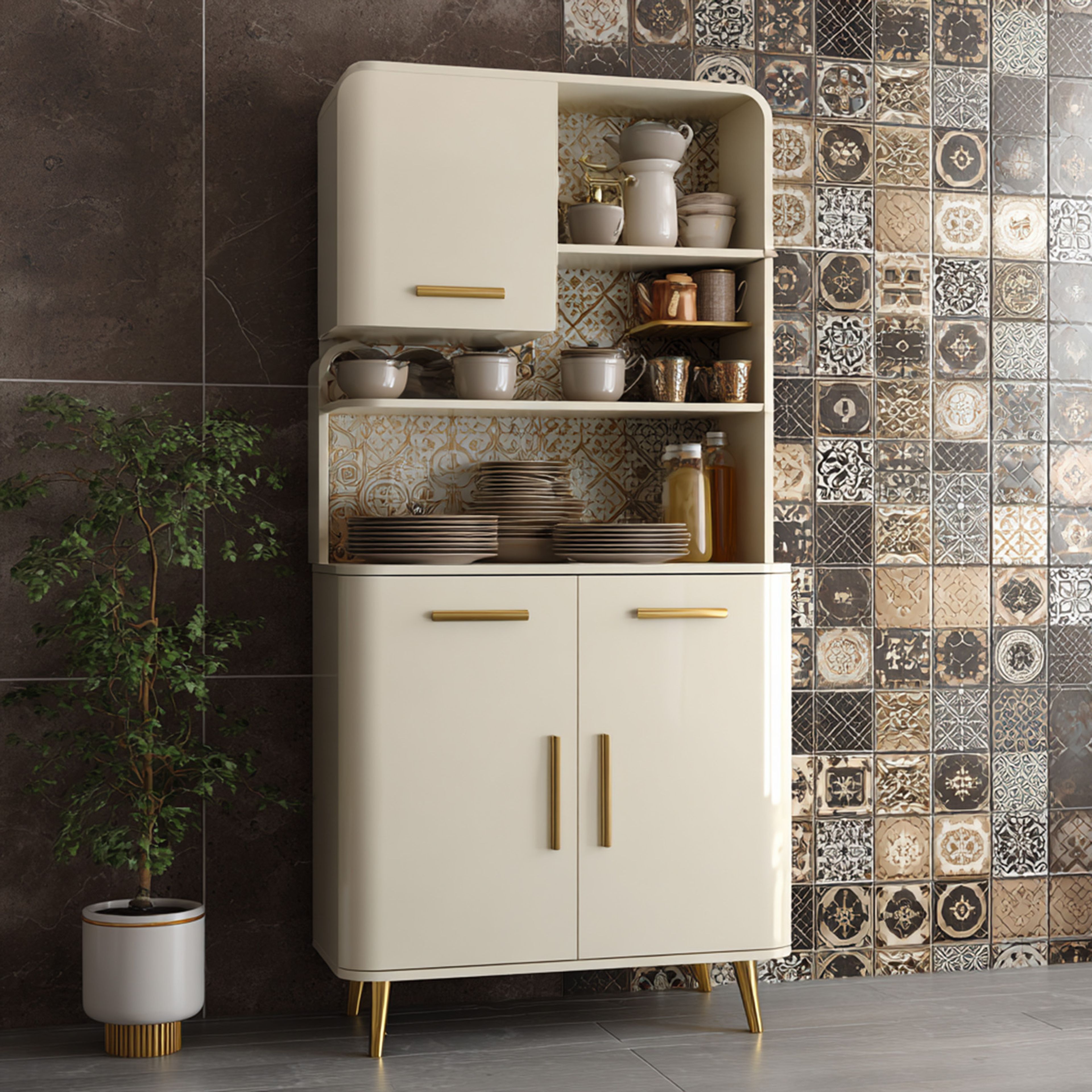 Contemporary Crockery Unit Design With Glossy PU Finish and Tile Accent